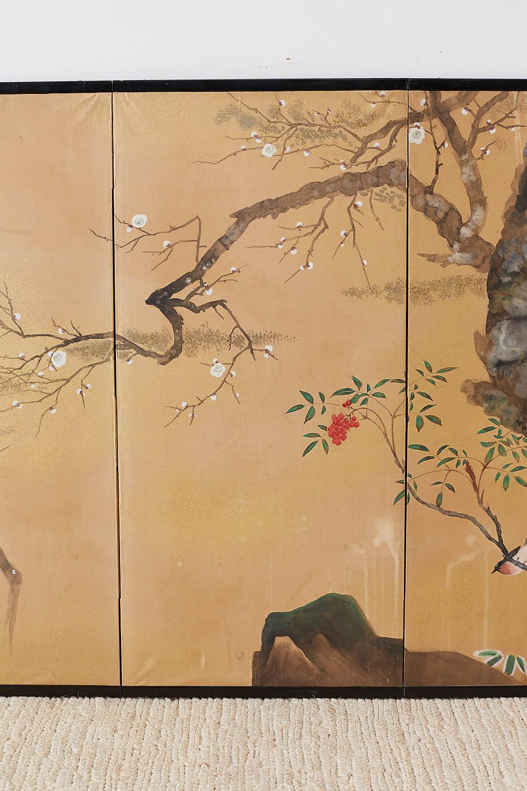 Lacquered Japanese Four-Panel Screen Prunus Tree with Nandina