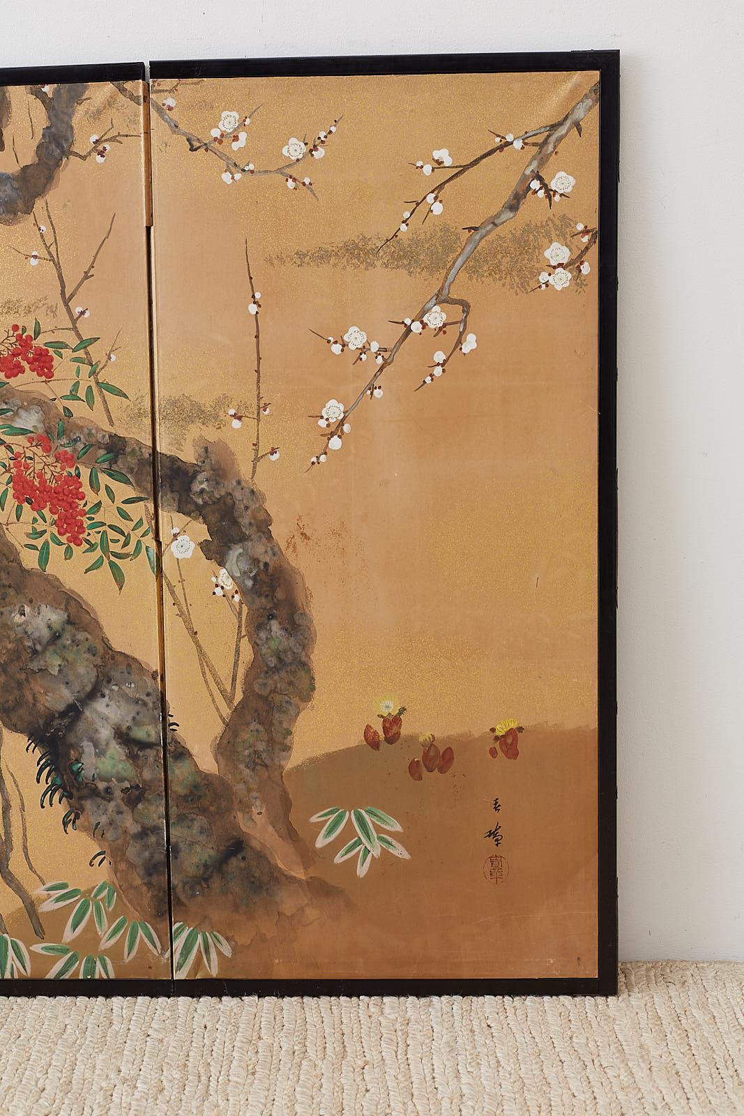 20th Century Japanese Four-Panel Screen Prunus Tree with Nandina