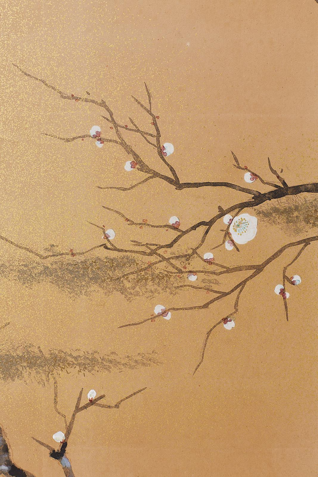 Wood Japanese Four-Panel Screen Prunus Tree with Nandina