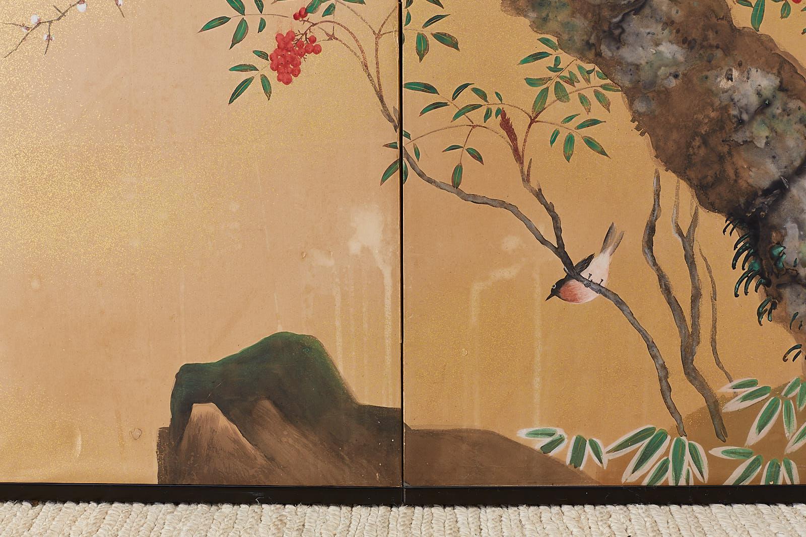 Japanese Four-Panel Screen Prunus Tree with Nandina 1