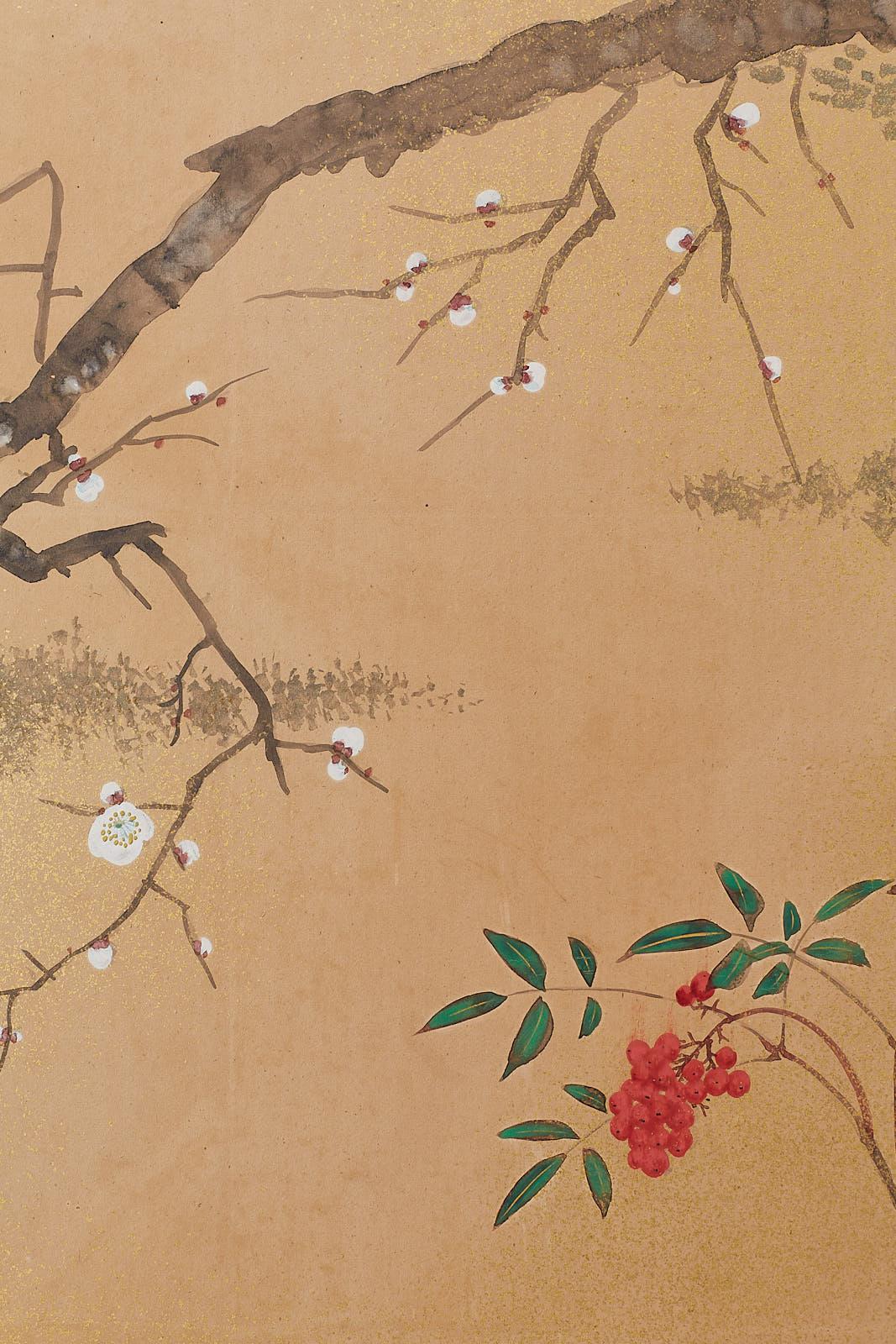 Japanese Four-Panel Screen Prunus Tree with Nandina 2