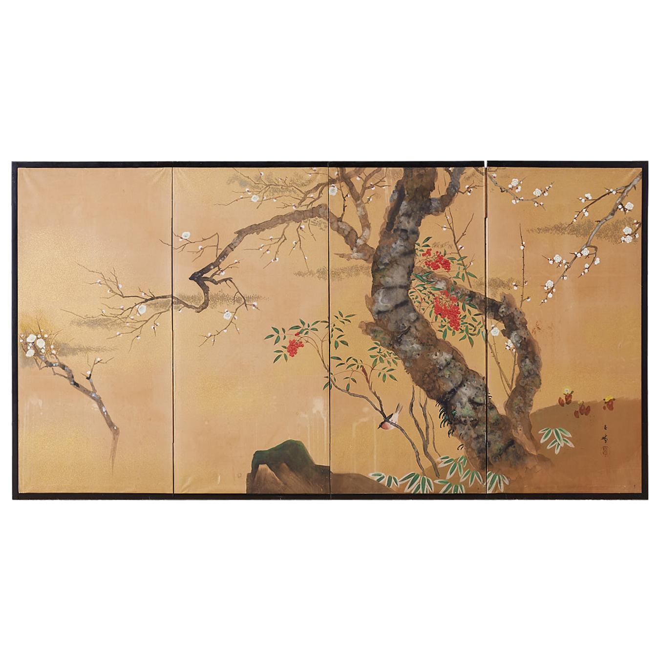 Japanese Four-Panel Screen Prunus Tree with Nandina
