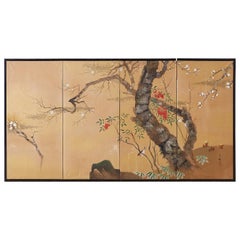 Vintage Japanese Four-Panel Screen Prunus Tree with Nandina