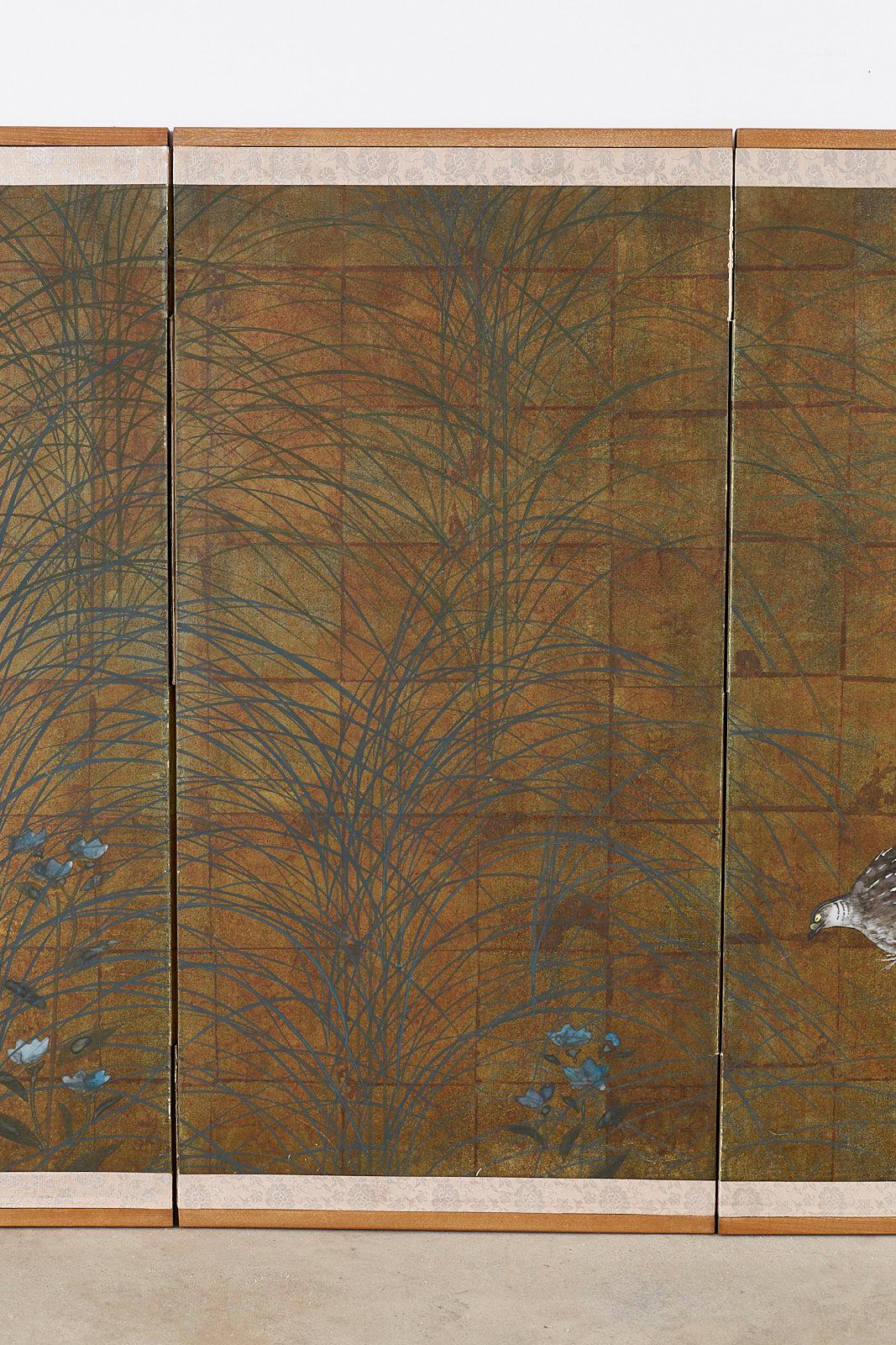 Meiji Japanese Four-Panel Screen Quail in Autumn Landscape
