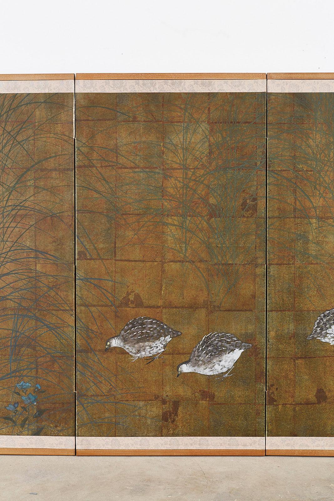 Hand-Crafted Japanese Four-Panel Screen Quail in Autumn Landscape