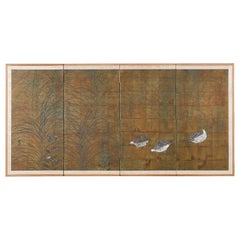 Japanese Four-Panel Screen Quail in Autumn Landscape