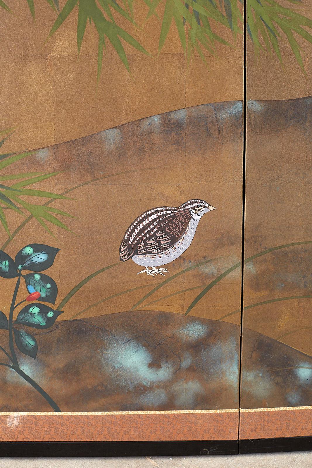 Japanese Four Panel Screen Quail in Flower Bamboo Landscape 4