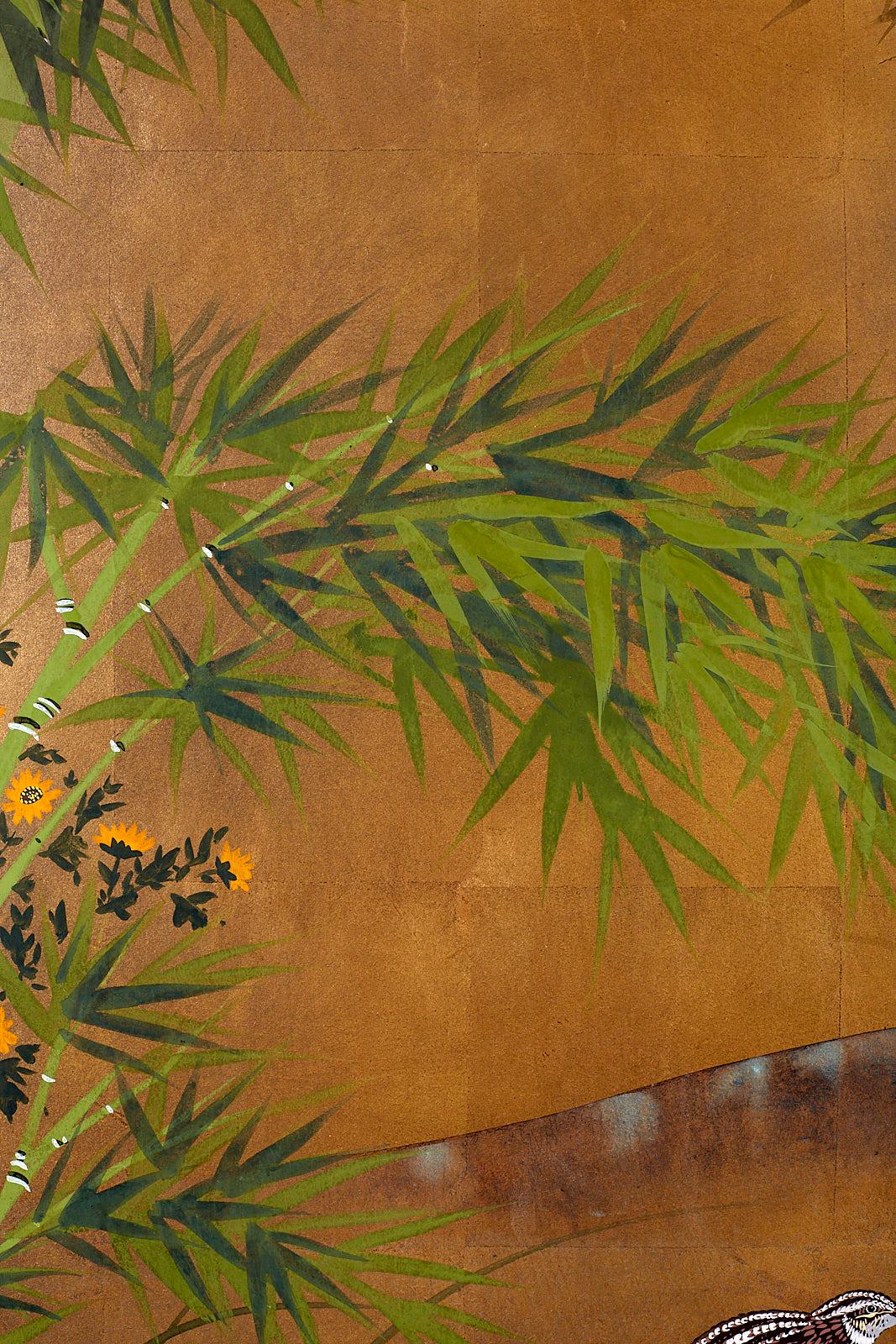 Japanese Four Panel Screen Quail in Flower Bamboo Landscape 5