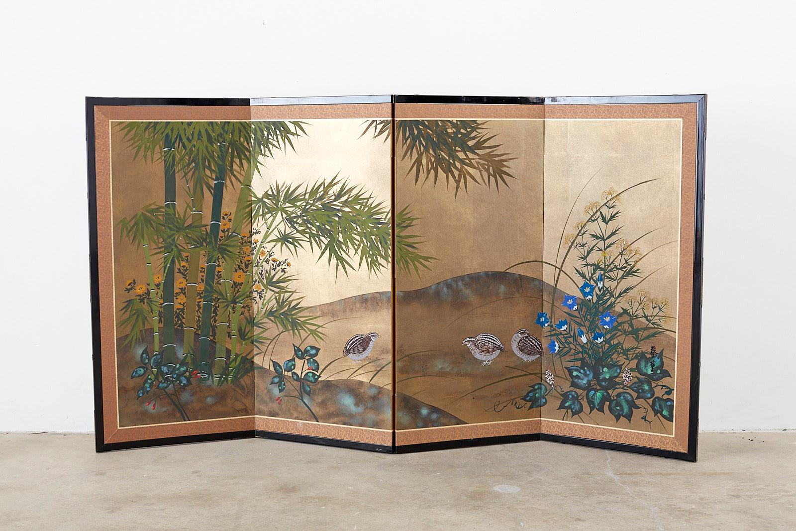 Mid-Century Modern Japanese Four Panel Screen Quail in Flower Bamboo Landscape