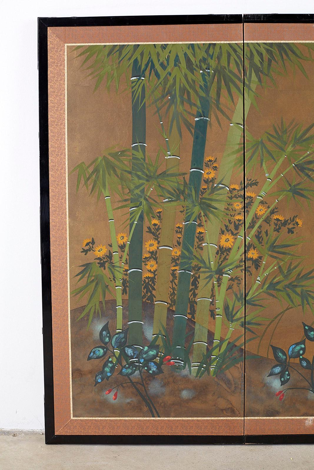 Lacquered Japanese Four Panel Screen Quail in Flower Bamboo Landscape