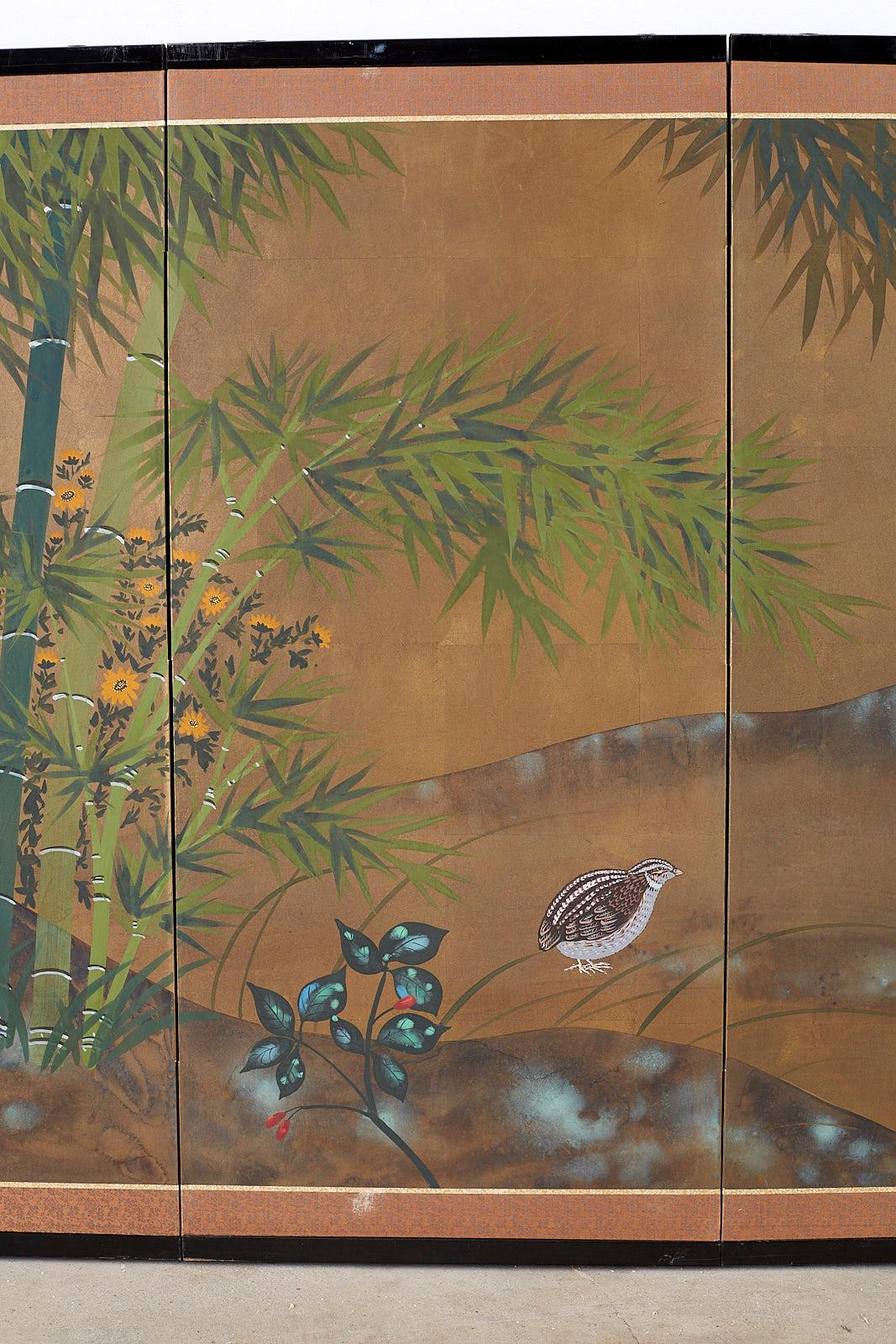 Japanese Four Panel Screen Quail in Flower Bamboo Landscape In Good Condition In Rio Vista, CA