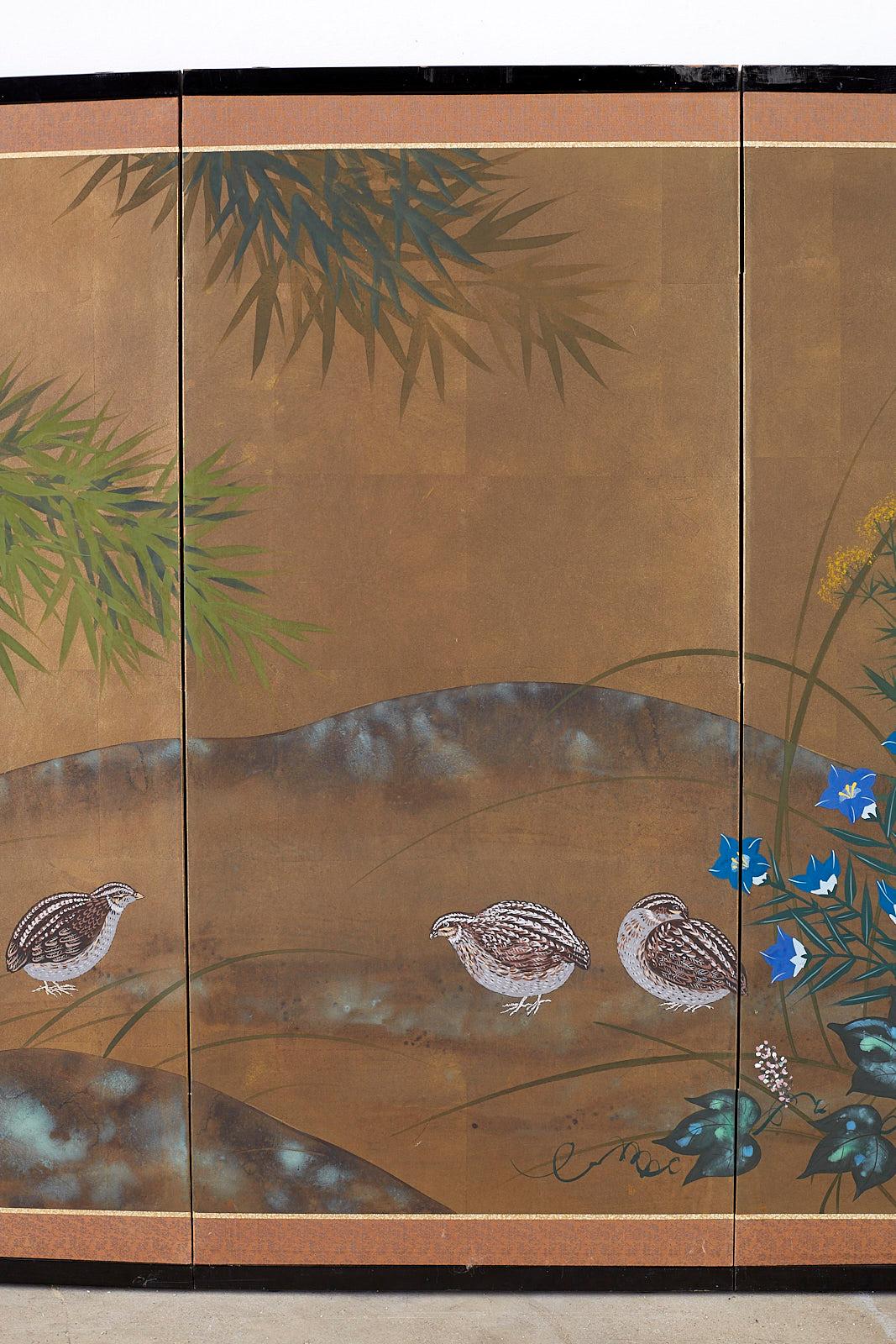 20th Century Japanese Four Panel Screen Quail in Flower Bamboo Landscape