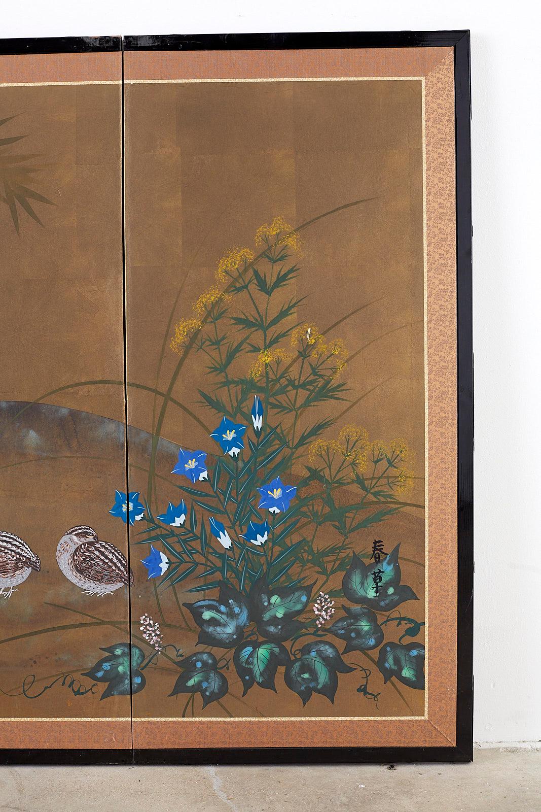 Wood Japanese Four Panel Screen Quail in Flower Bamboo Landscape