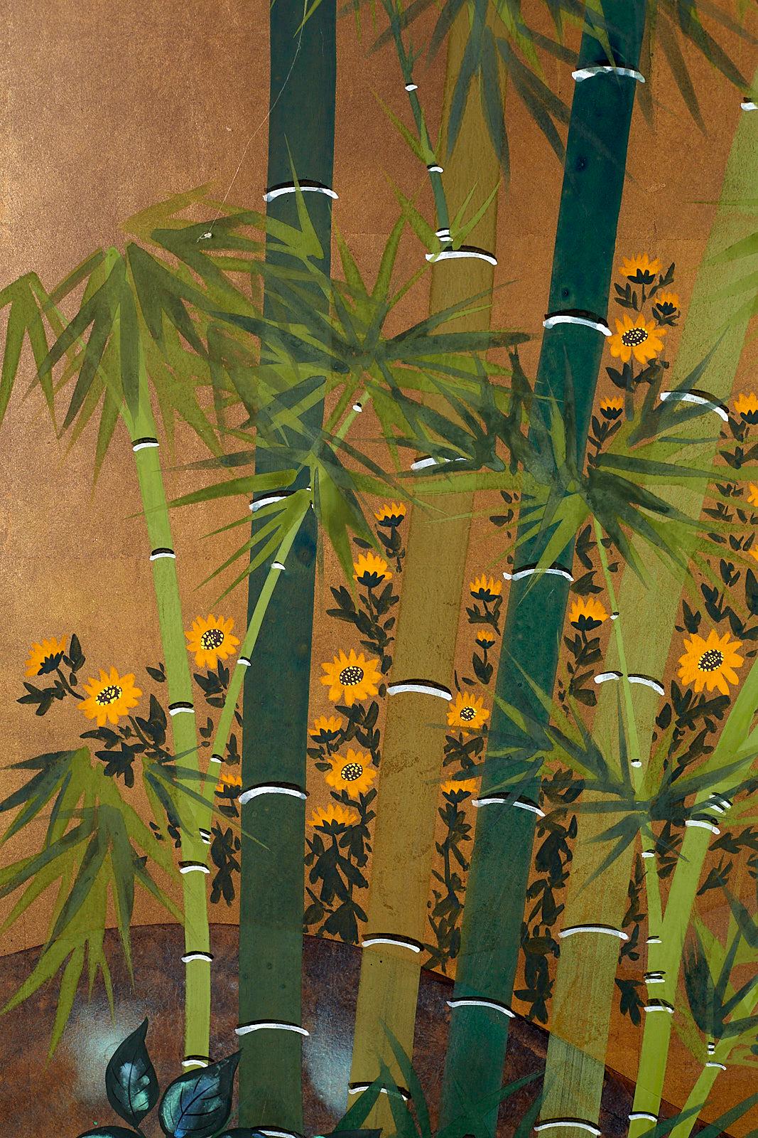 Japanese Four Panel Screen Quail in Flower Bamboo Landscape 2