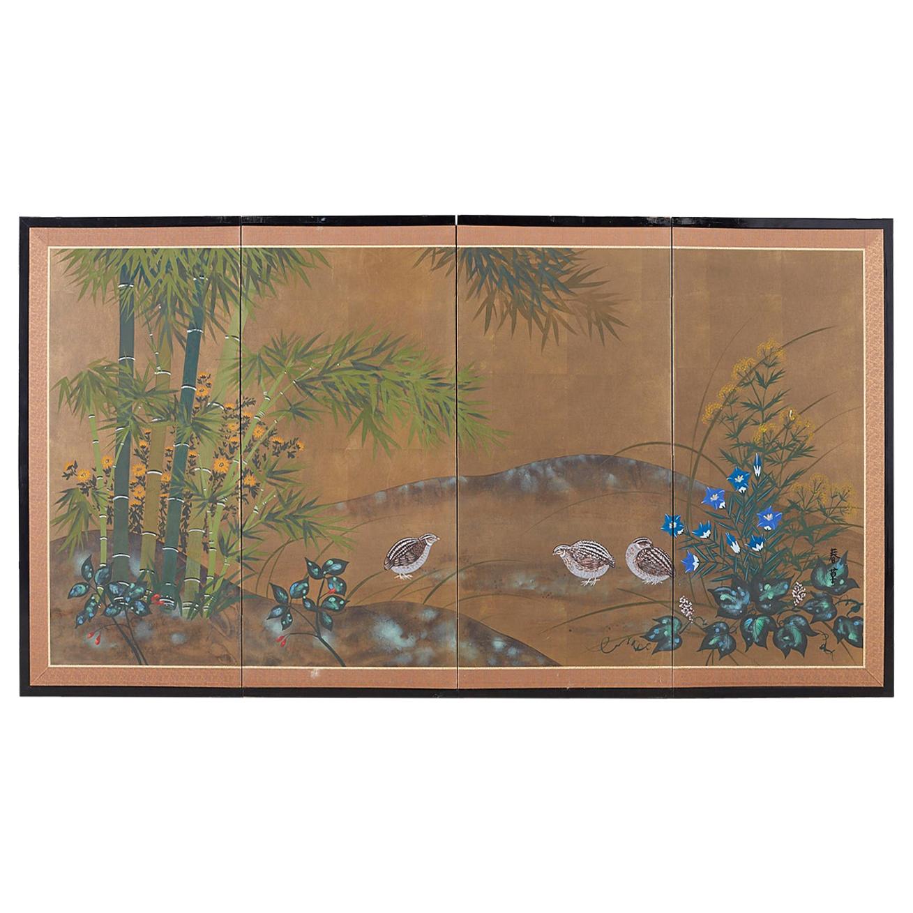 Japanese Four Panel Screen Quail in Flower Bamboo Landscape