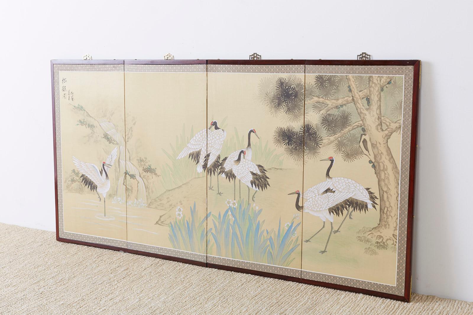 Showa Japanese Four-Panel Screen Red Crowned Cranes