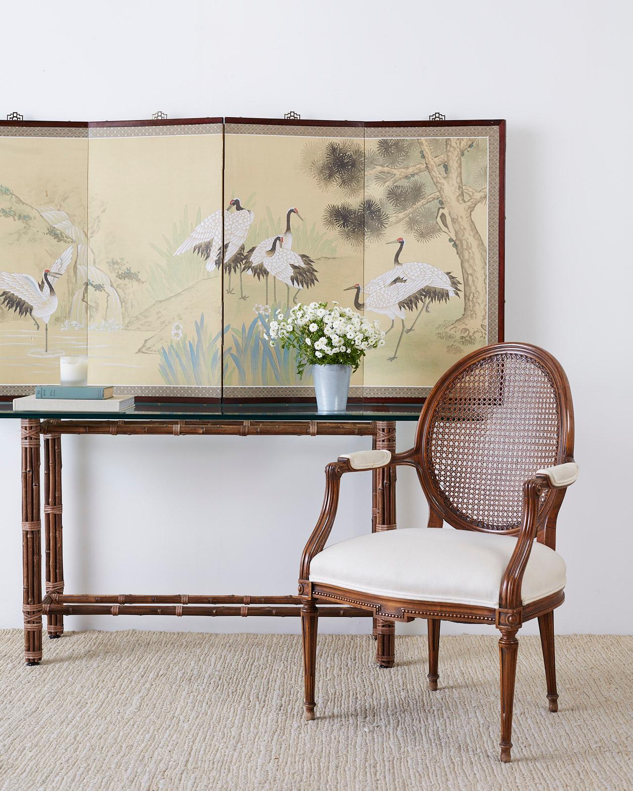 Hand-Painted Japanese Four-Panel Screen Red Crowned Cranes