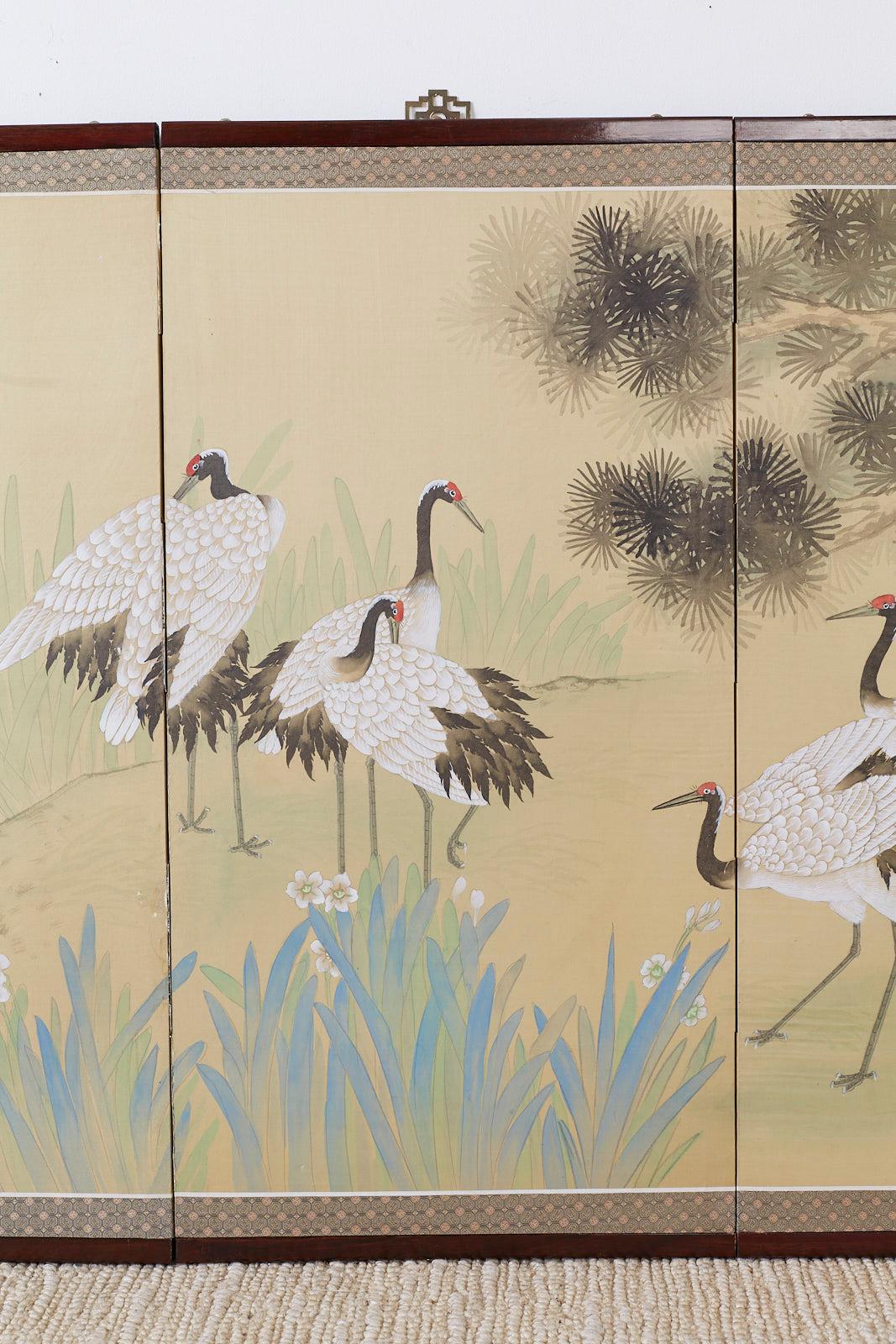 Brass Japanese Four-Panel Screen Red Crowned Cranes
