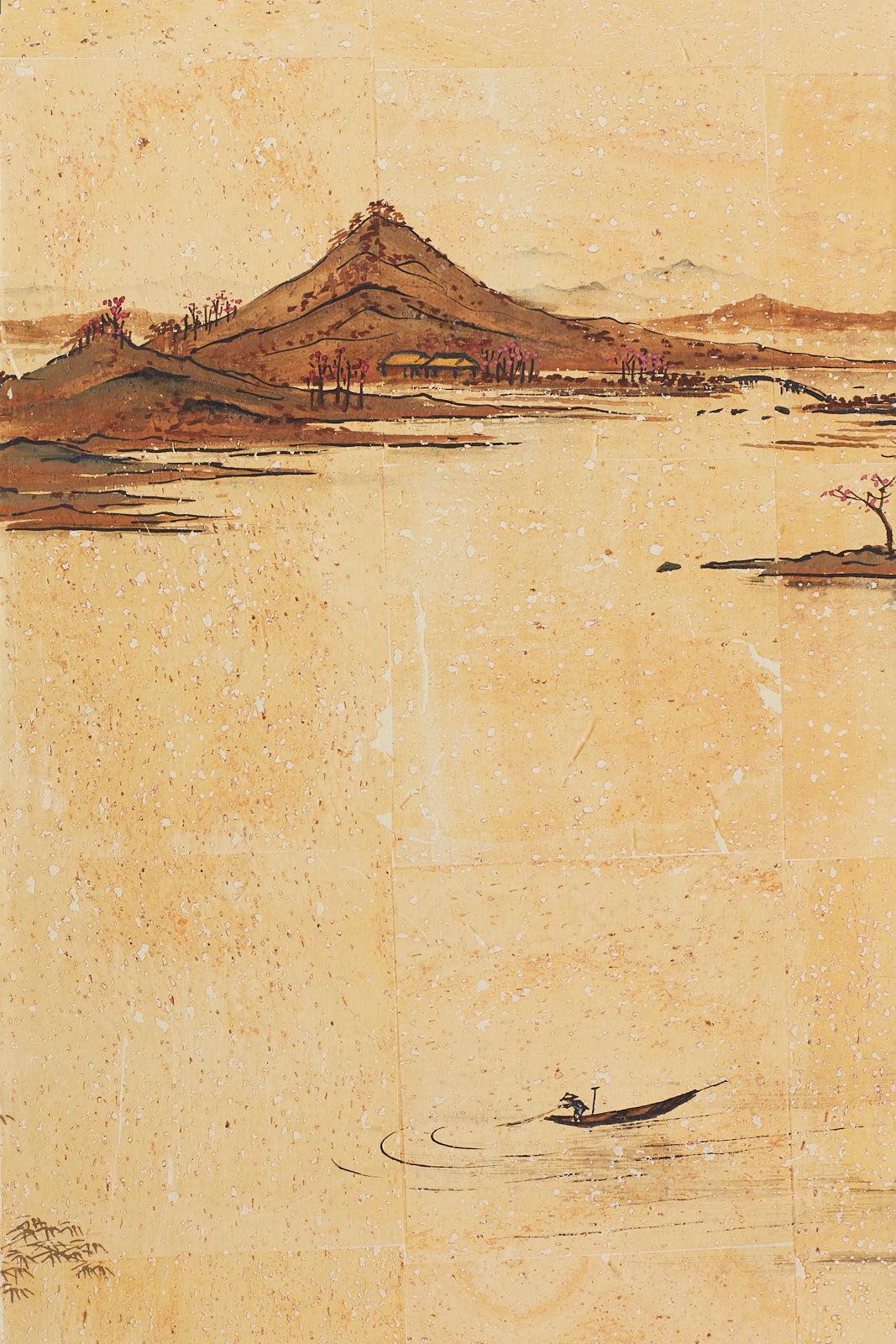 Japanese Four-Panel Screen River Landscape Scene 3