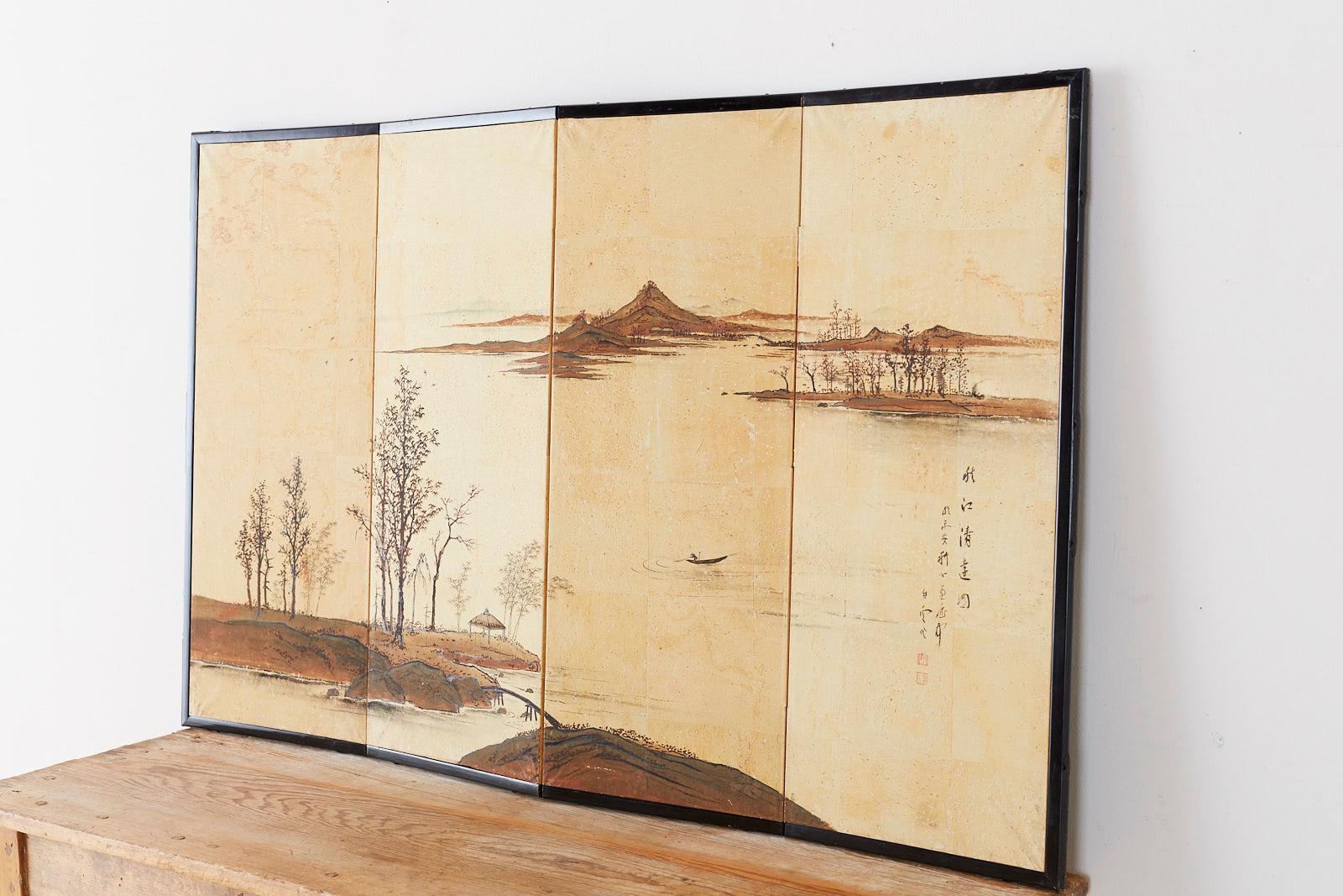 Japanese Four-Panel Screen River Landscape Scene 6
