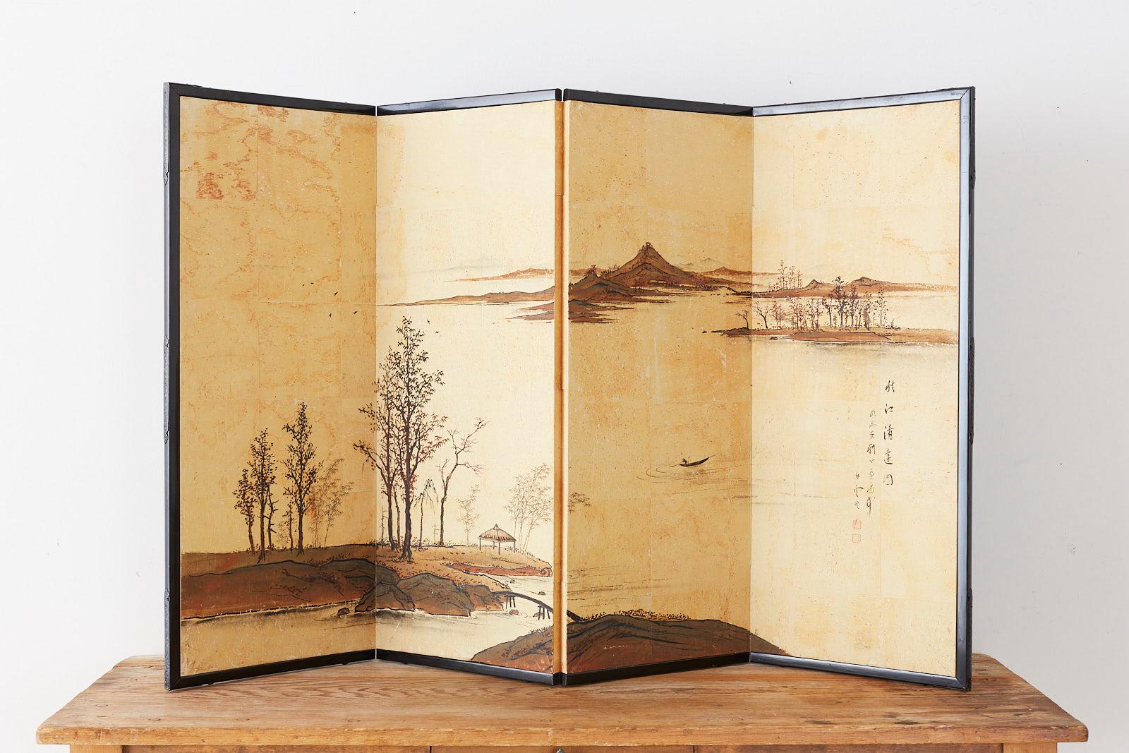 Japanese Four-Panel Screen River Landscape Scene 7