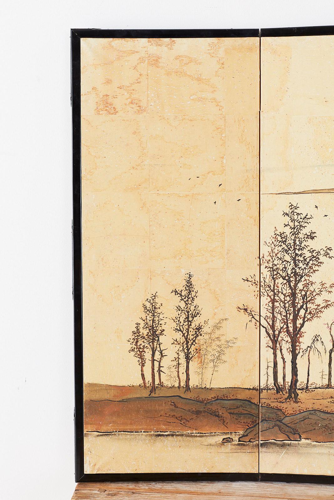 Mid-Century Modern Japanese Four-Panel Screen River Landscape Scene