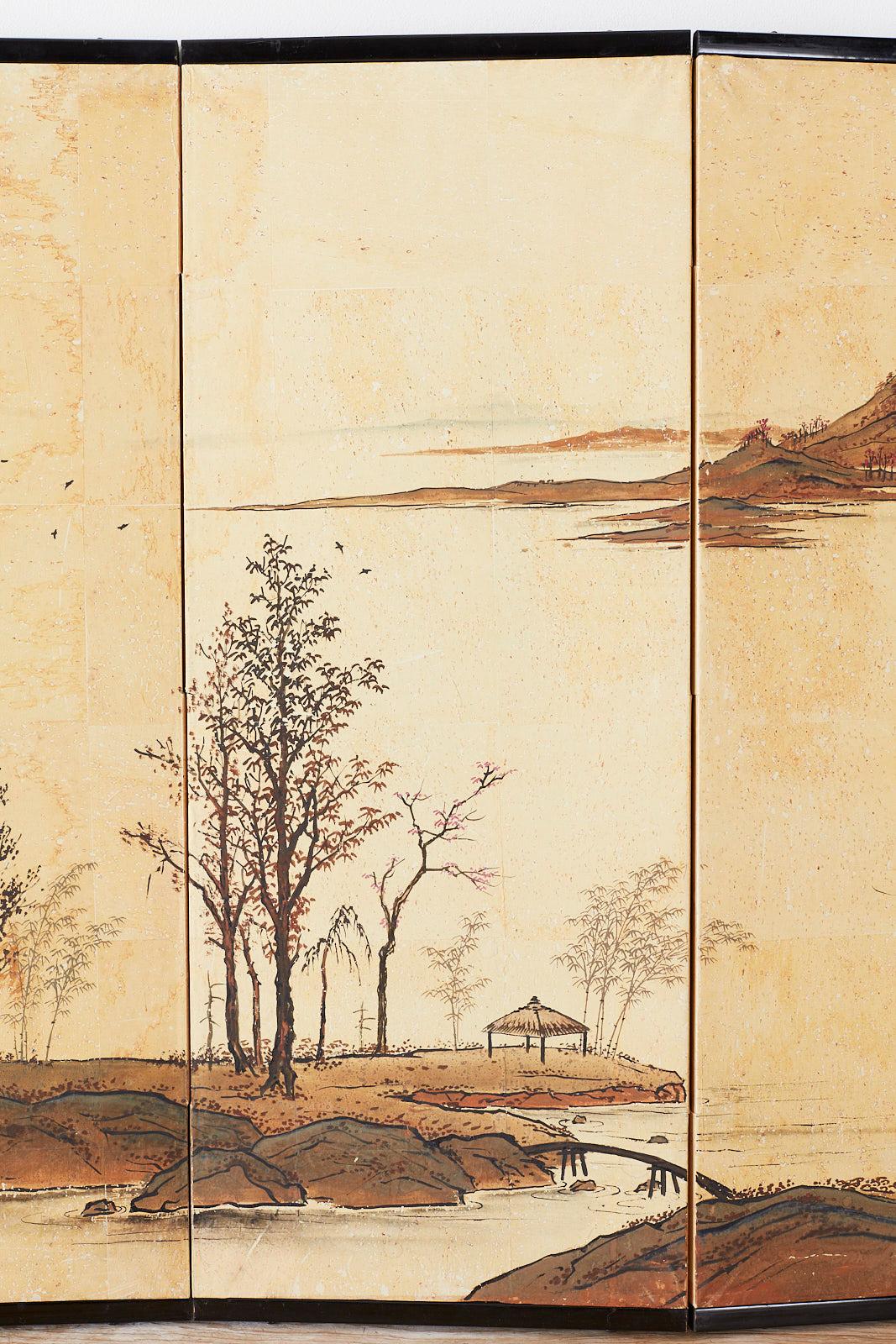 Lacquered Japanese Four-Panel Screen River Landscape Scene