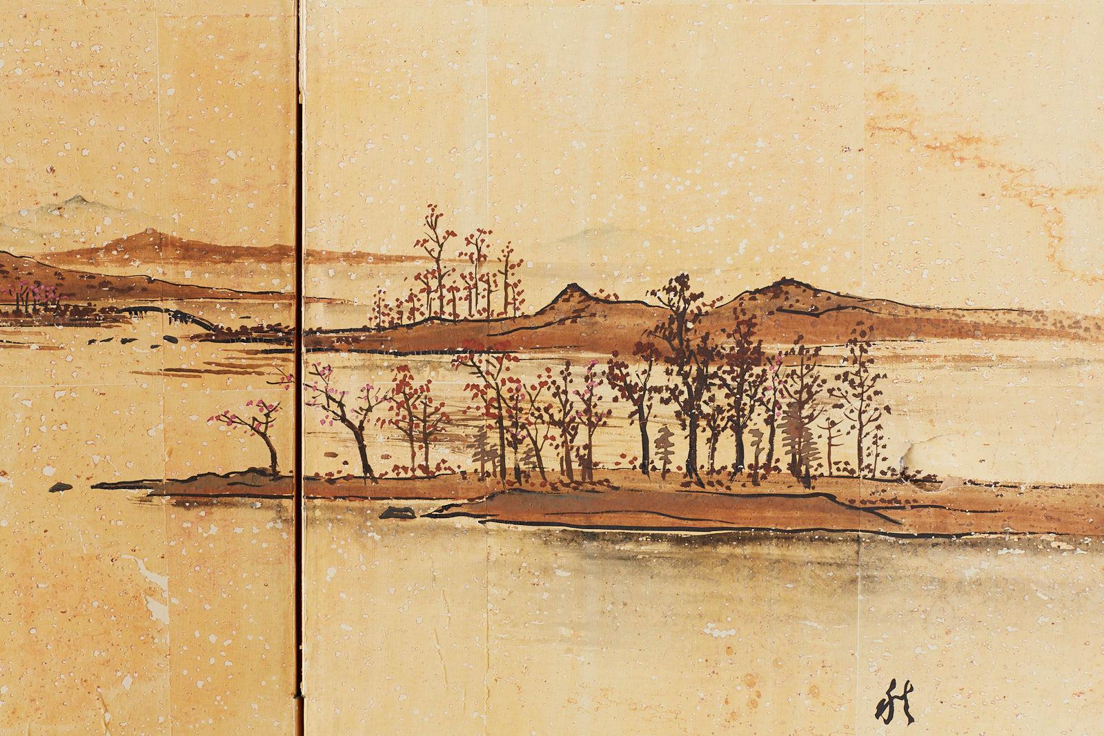 Japanese Four-Panel Screen River Landscape Scene 1