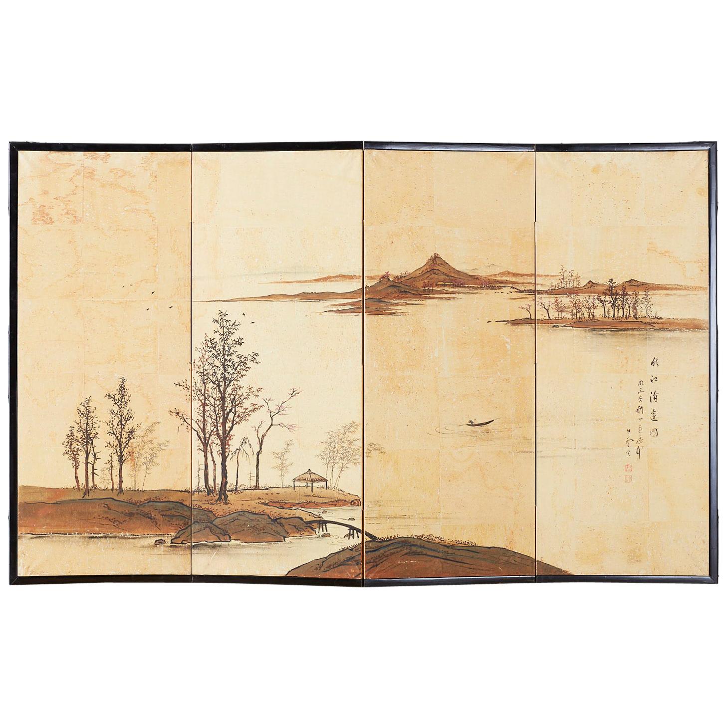 Japanese Four-Panel Screen River Landscape Scene