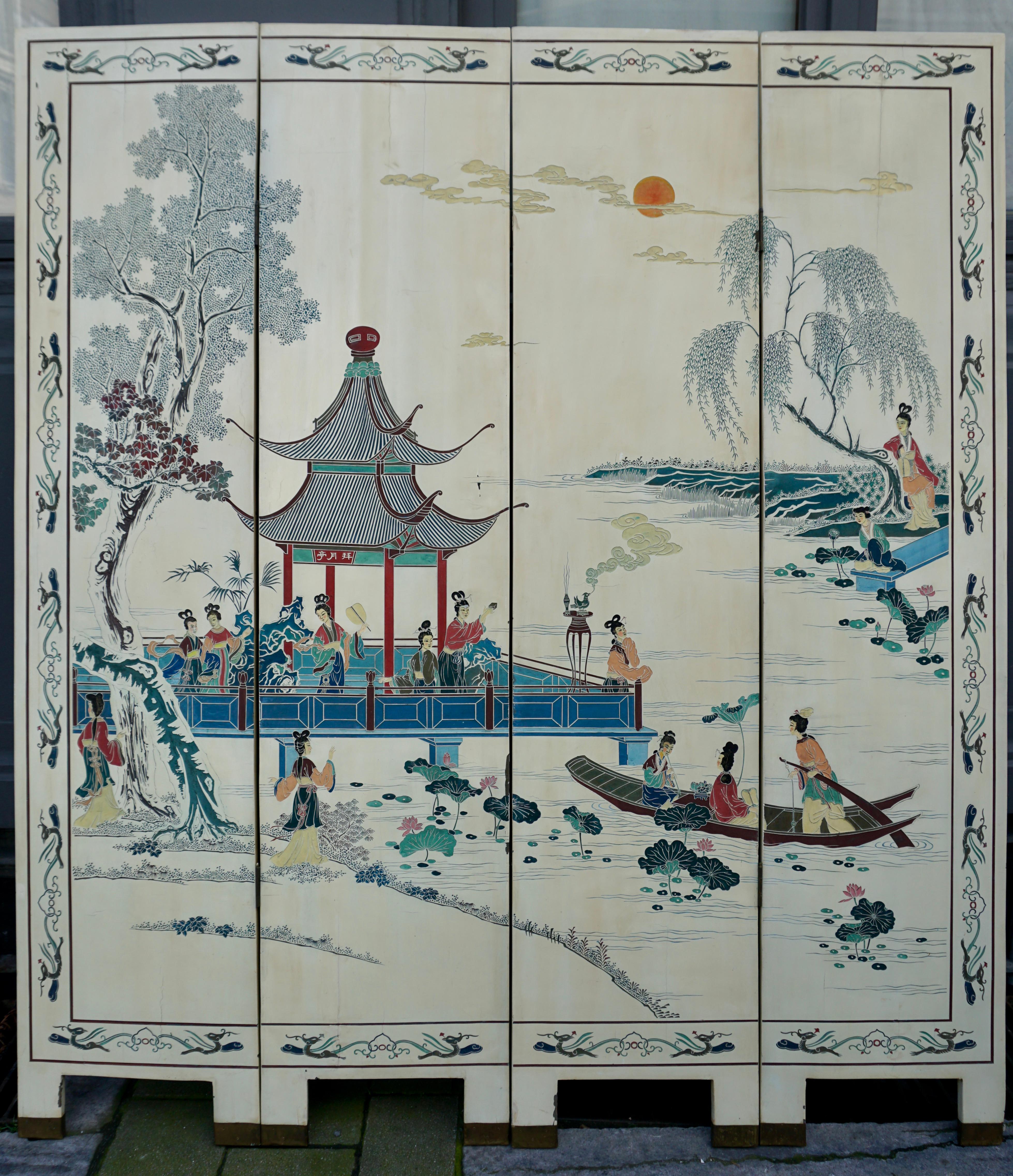 Chinese Export Chinese Coromandel Four Panel Screen Room Divider Landscape
