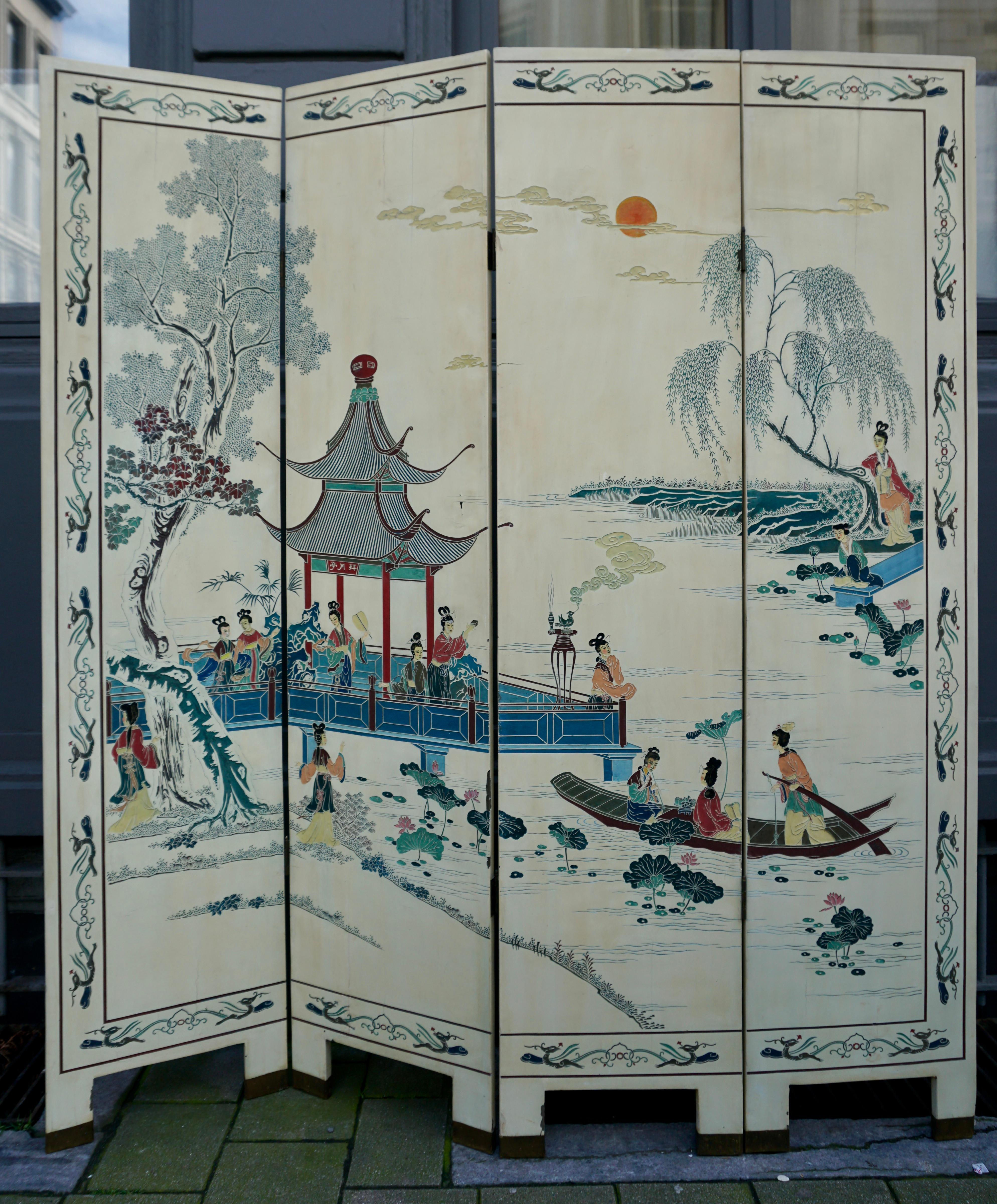 Lacquered Chinese Coromandel Four Panel Screen Room Divider Landscape