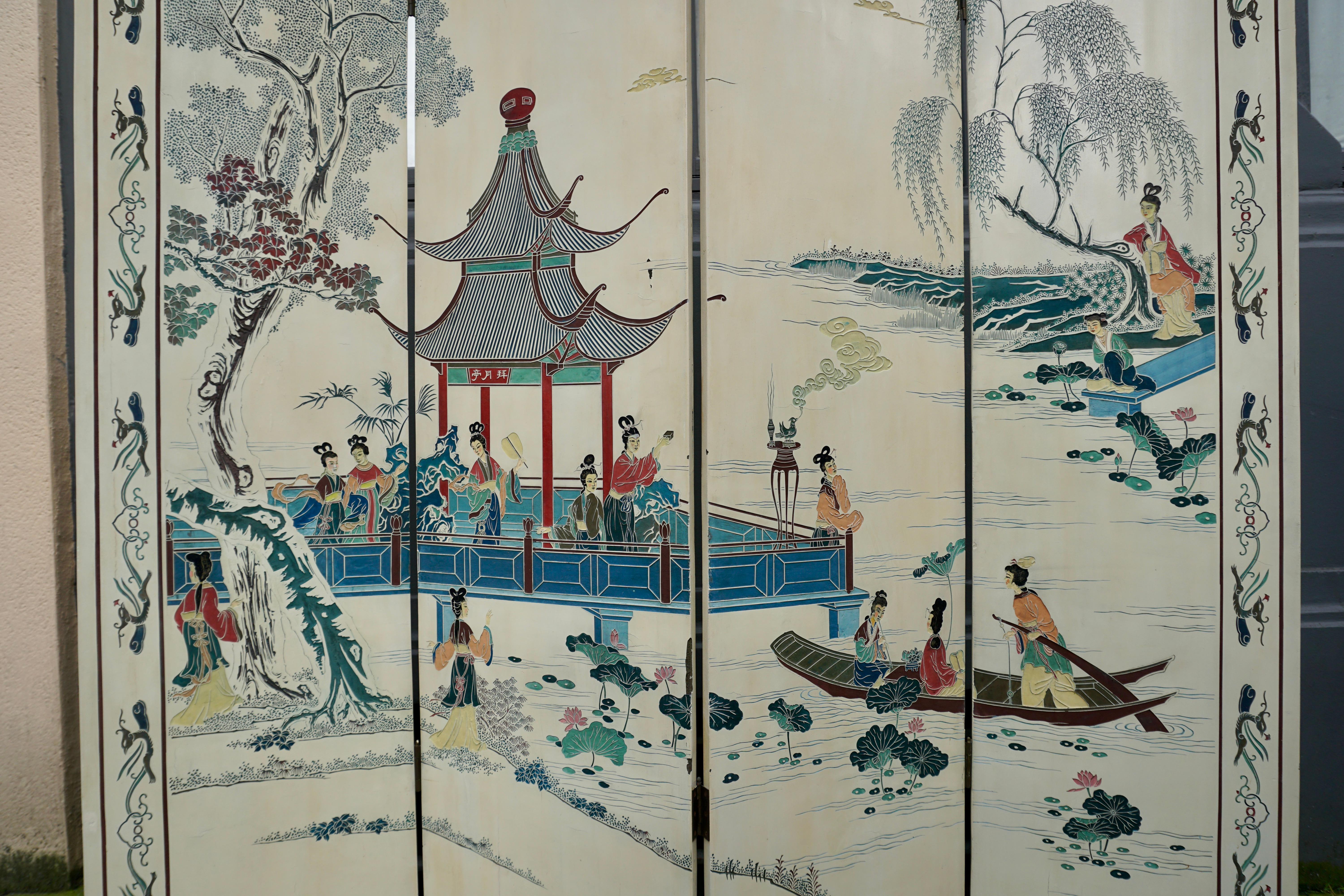 Chinese Coromandel Four Panel Screen Room Divider Landscape 1