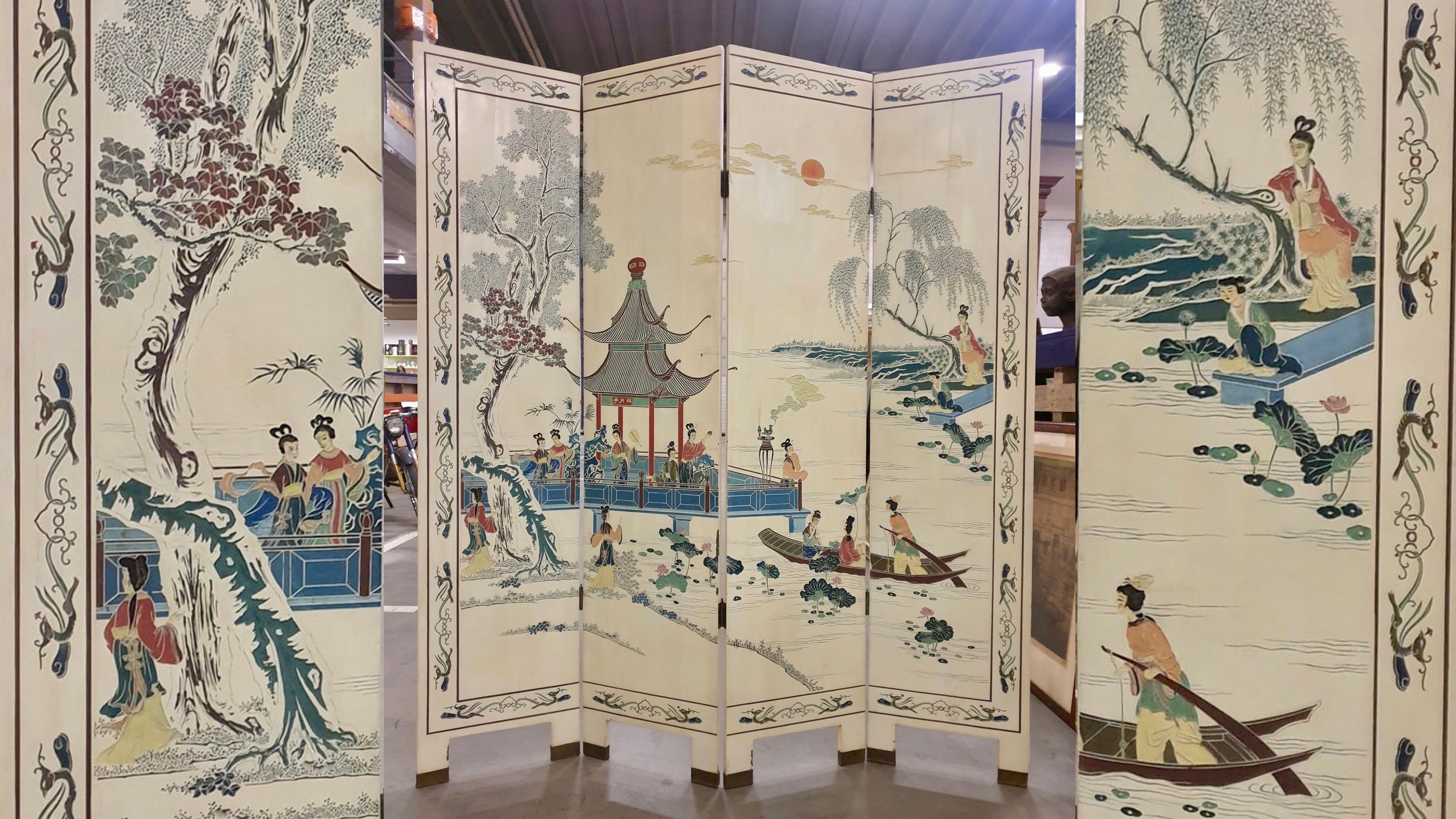 Chinese Coromandel Four Panel Screen Room Divider Landscape 2