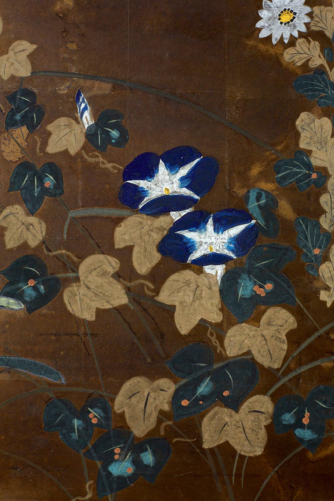 Japanese Four-Panel Screen Seasonal Flowers on Gilt 7