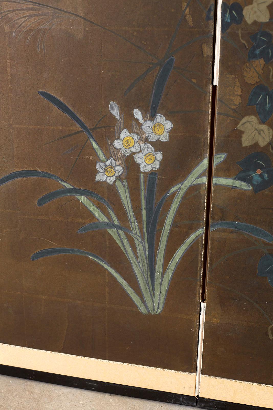 Japanese Four-Panel Screen Seasonal Flowers on Gilt 8