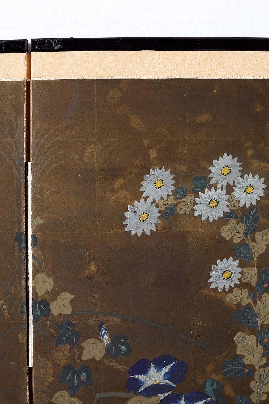 Japanese Four-Panel Screen Seasonal Flowers on Gilt 10