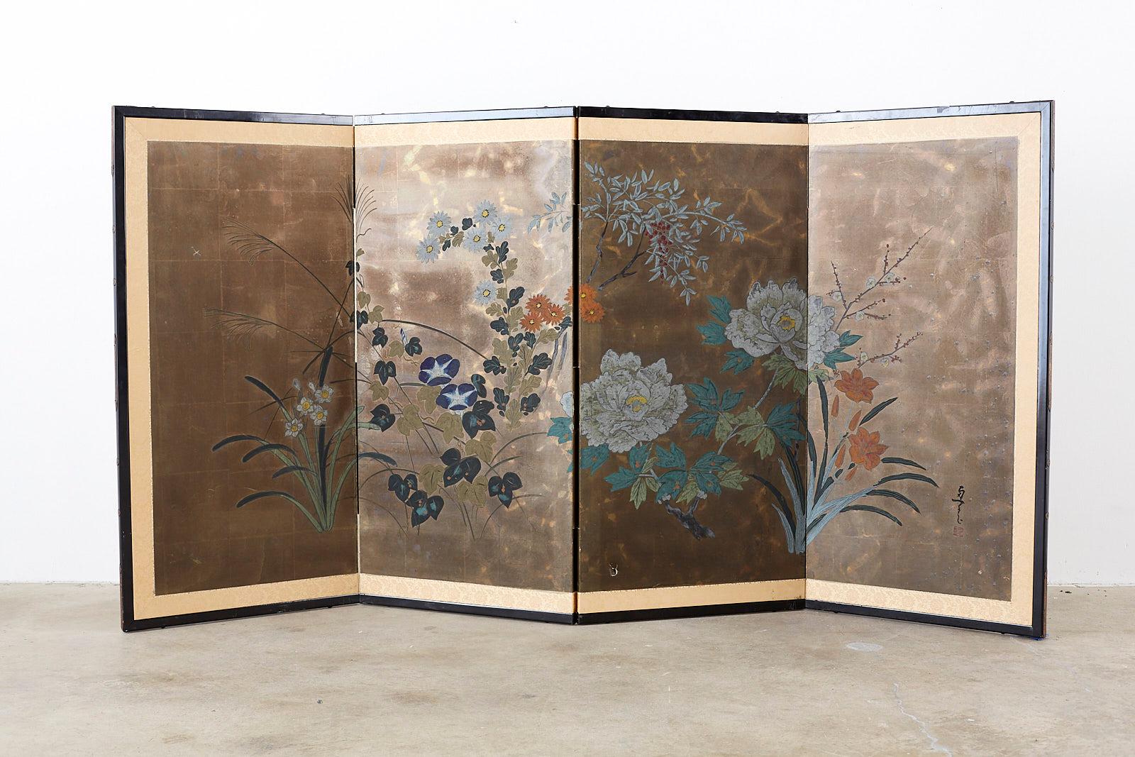 Lacquered Japanese Four-Panel Screen Seasonal Flowers on Gilt