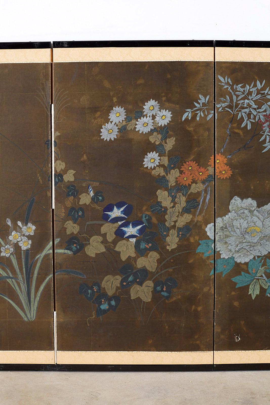 20th Century Japanese Four-Panel Screen Seasonal Flowers on Gilt