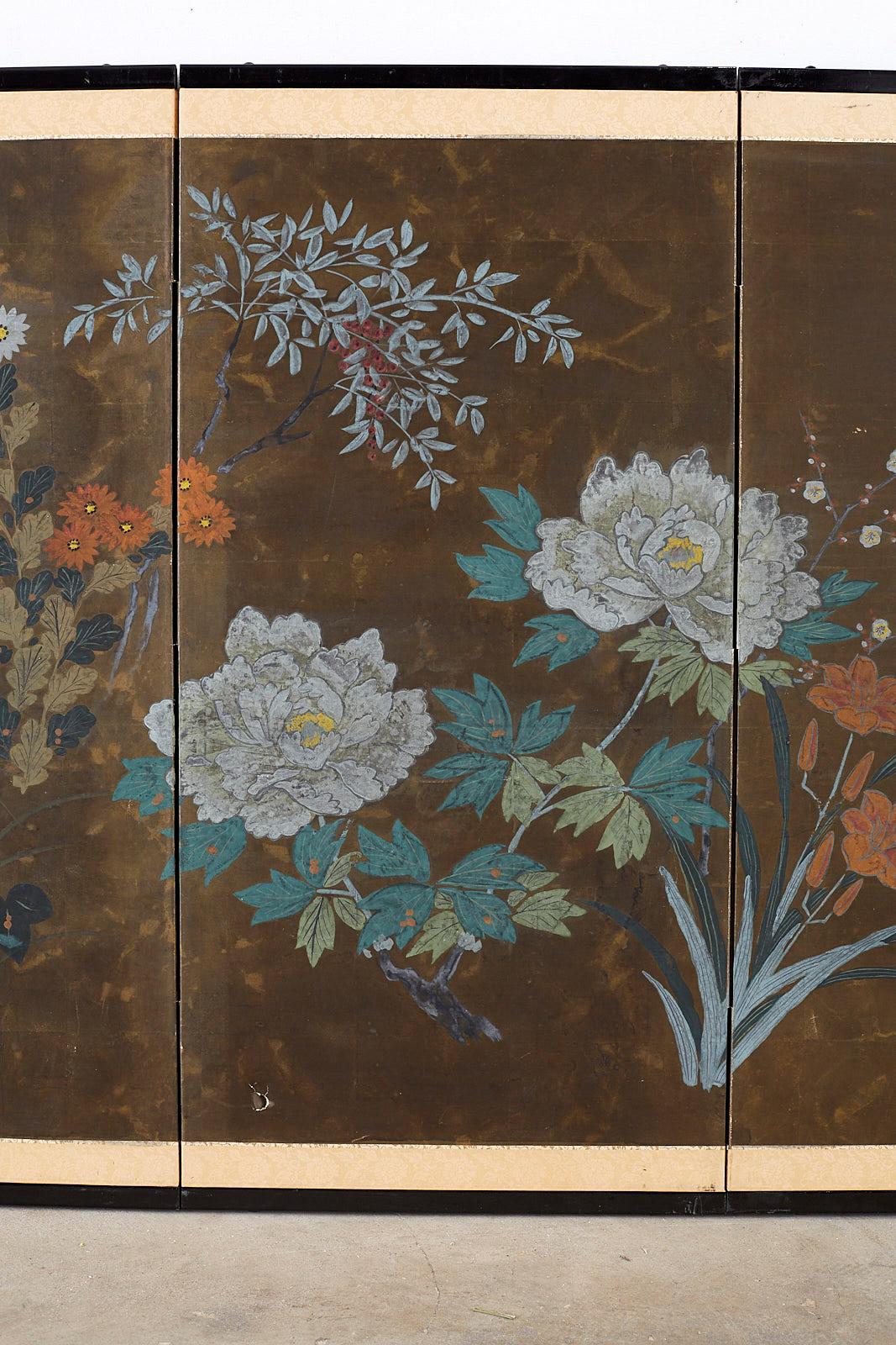 Wood Japanese Four-Panel Screen Seasonal Flowers on Gilt