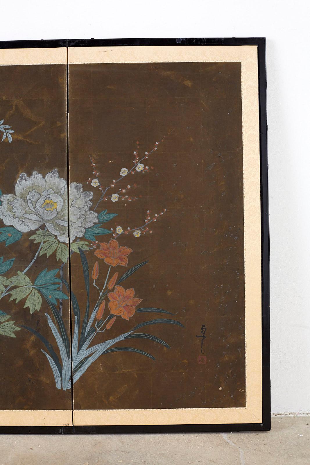Japanese Four-Panel Screen Seasonal Flowers on Gilt 1