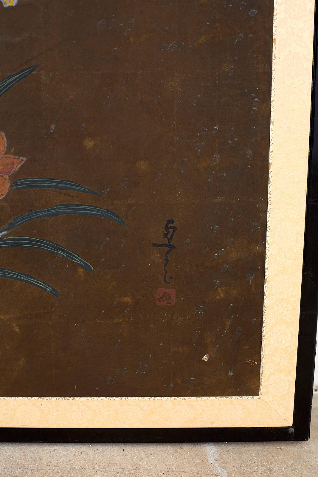 Japanese Four-Panel Screen Seasonal Flowers on Gilt 2