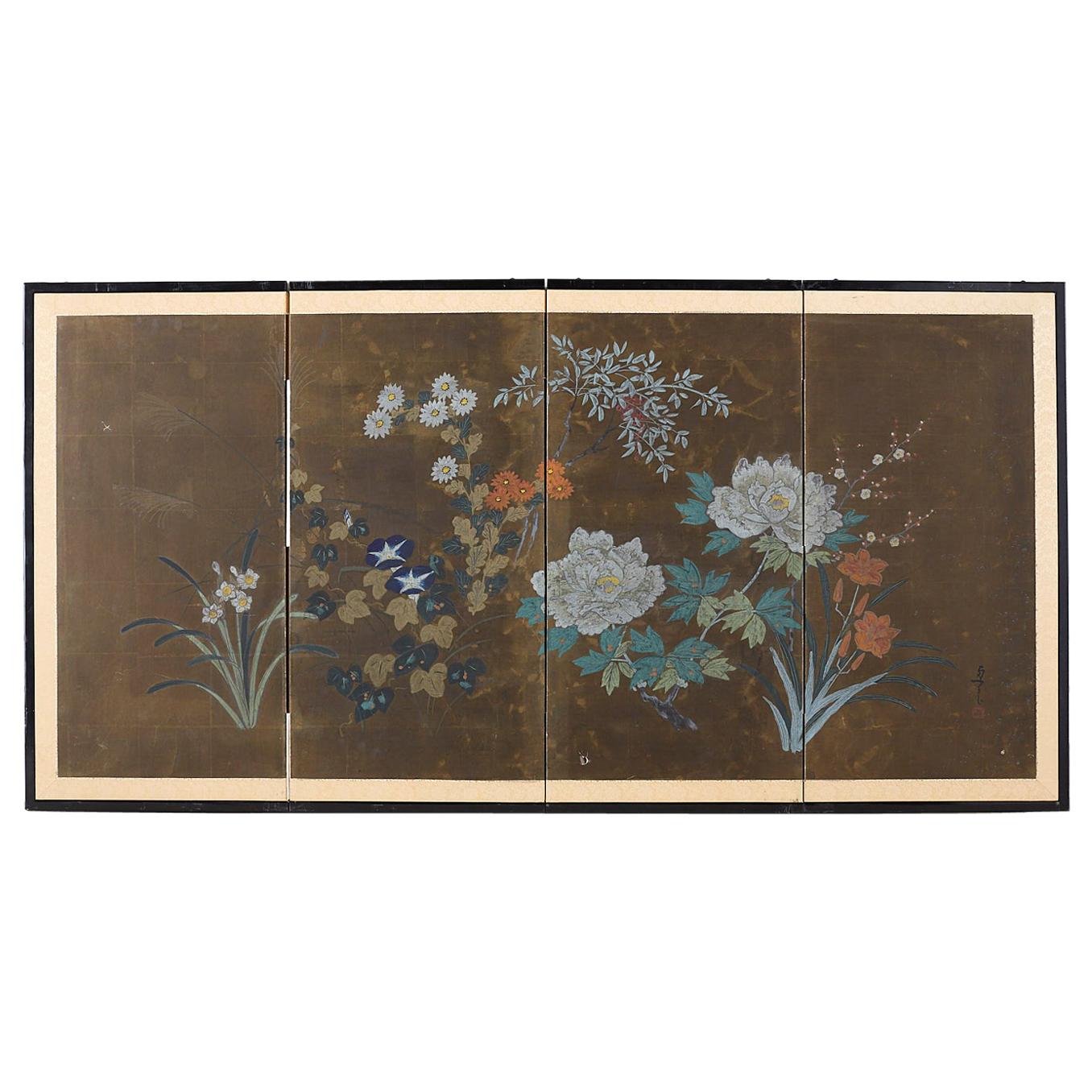 Japanese Four-Panel Screen Seasonal Flowers on Gilt