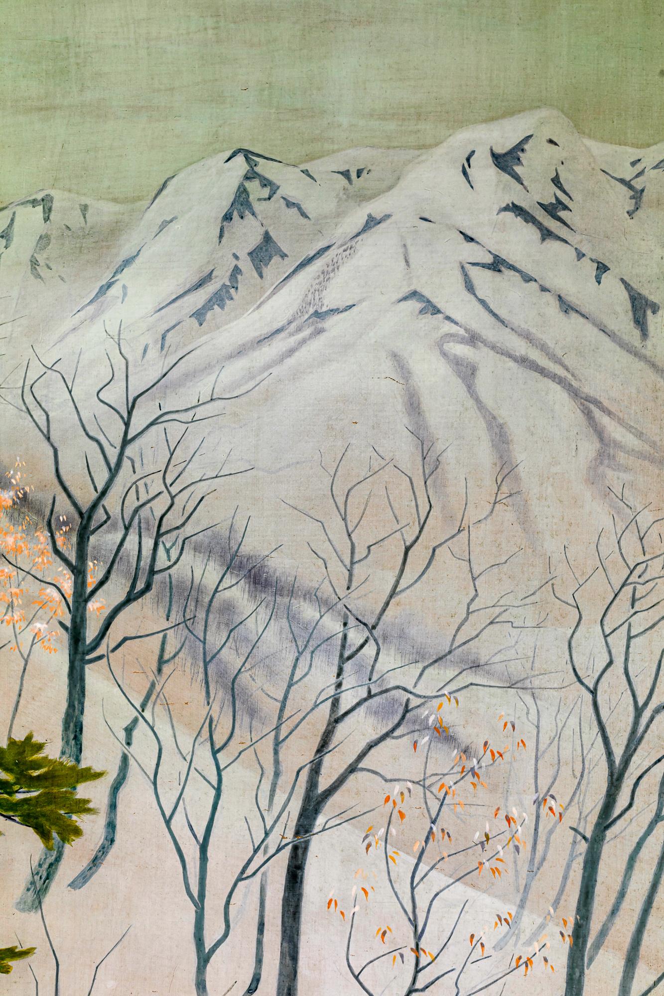 Japanese Four Panel Screen, Snowy Mountain Landscape For Sale 7
