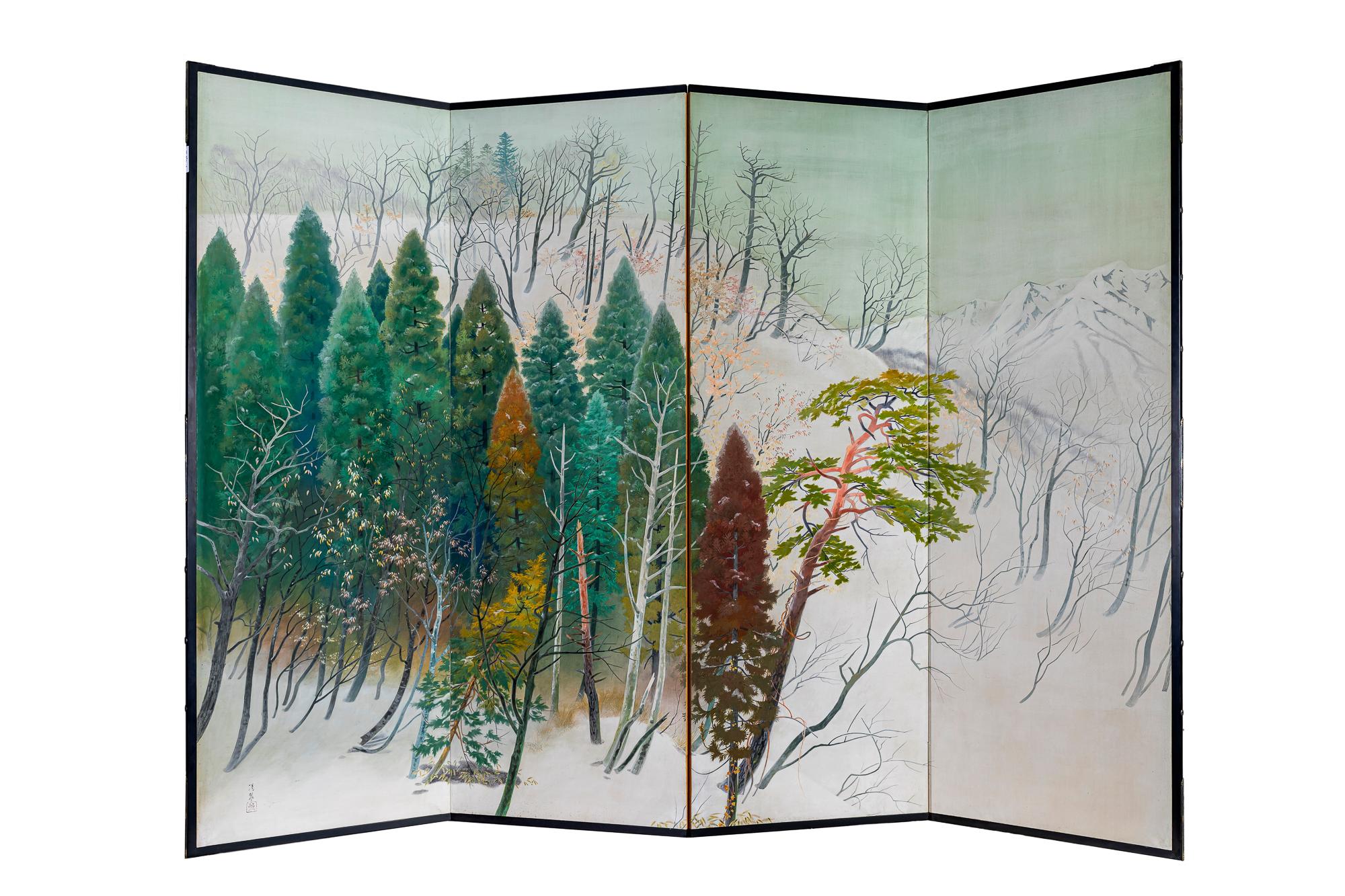 Japanese Four Panel Screen, Snowy Mountain Landscape For Sale 11