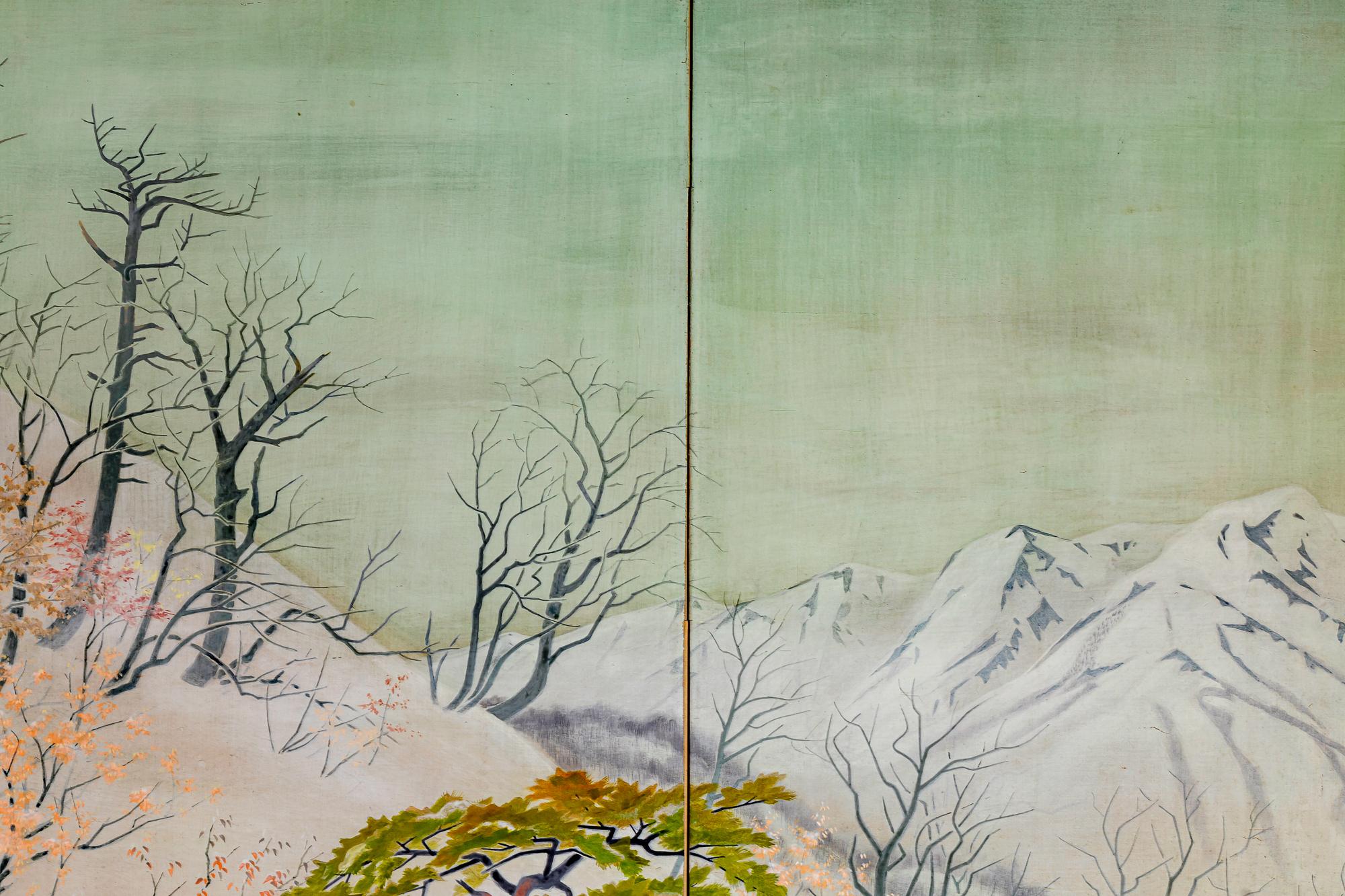 Japanese Four Panel Screen, Snowy Mountain Landscape In Good Condition For Sale In Hudson, NY