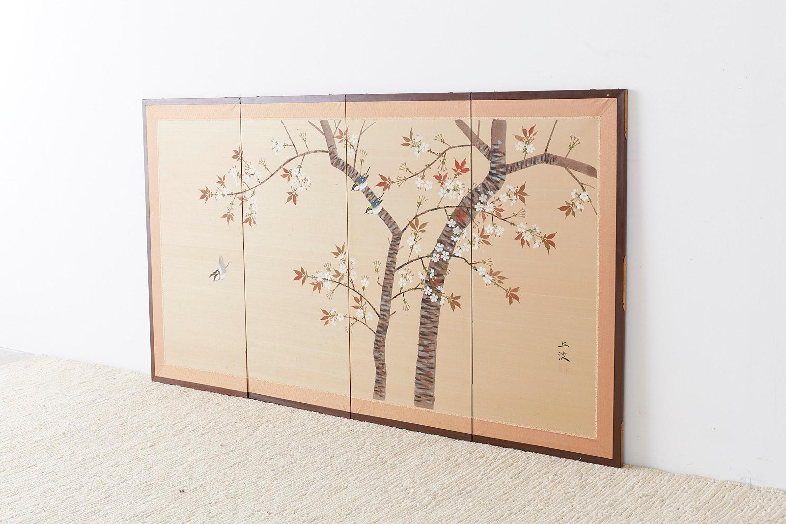 Japanese Four-Panel Screen Spring Cherry Blossom Tree 7