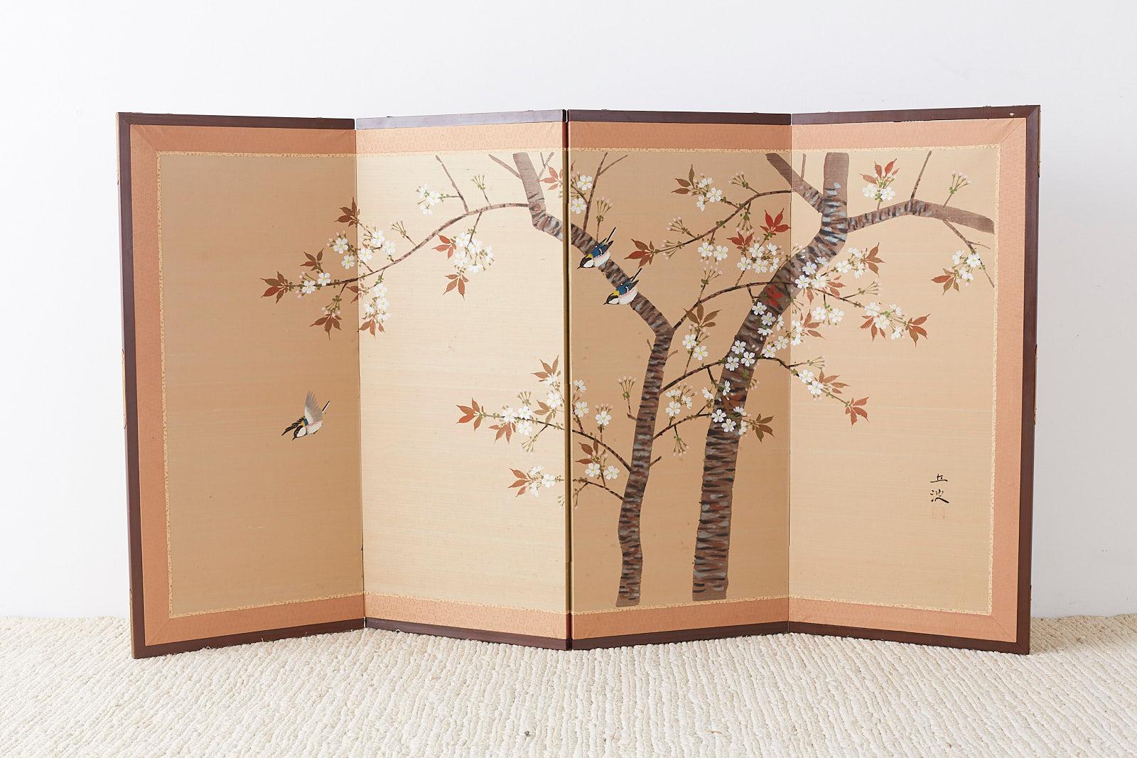 Japanese Four-Panel Screen Spring Cherry Blossom Tree 8