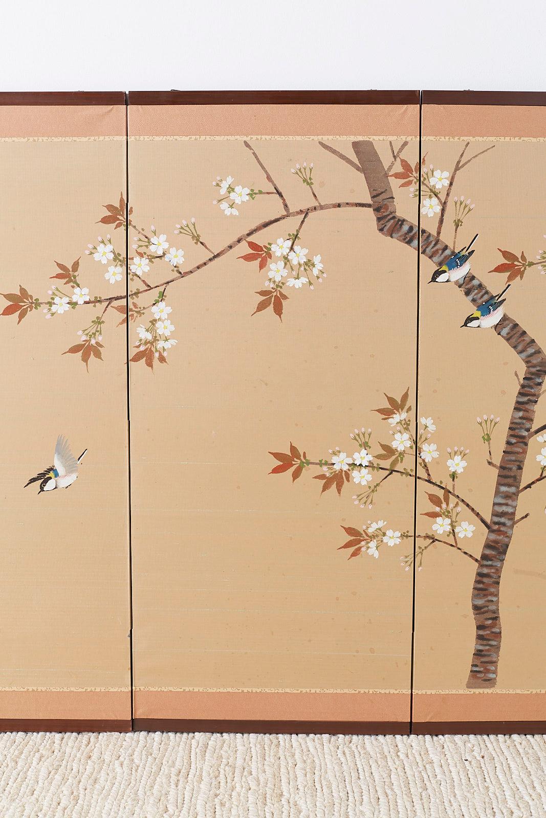 Modern Japanese Four-Panel Screen Spring Cherry Blossom Tree