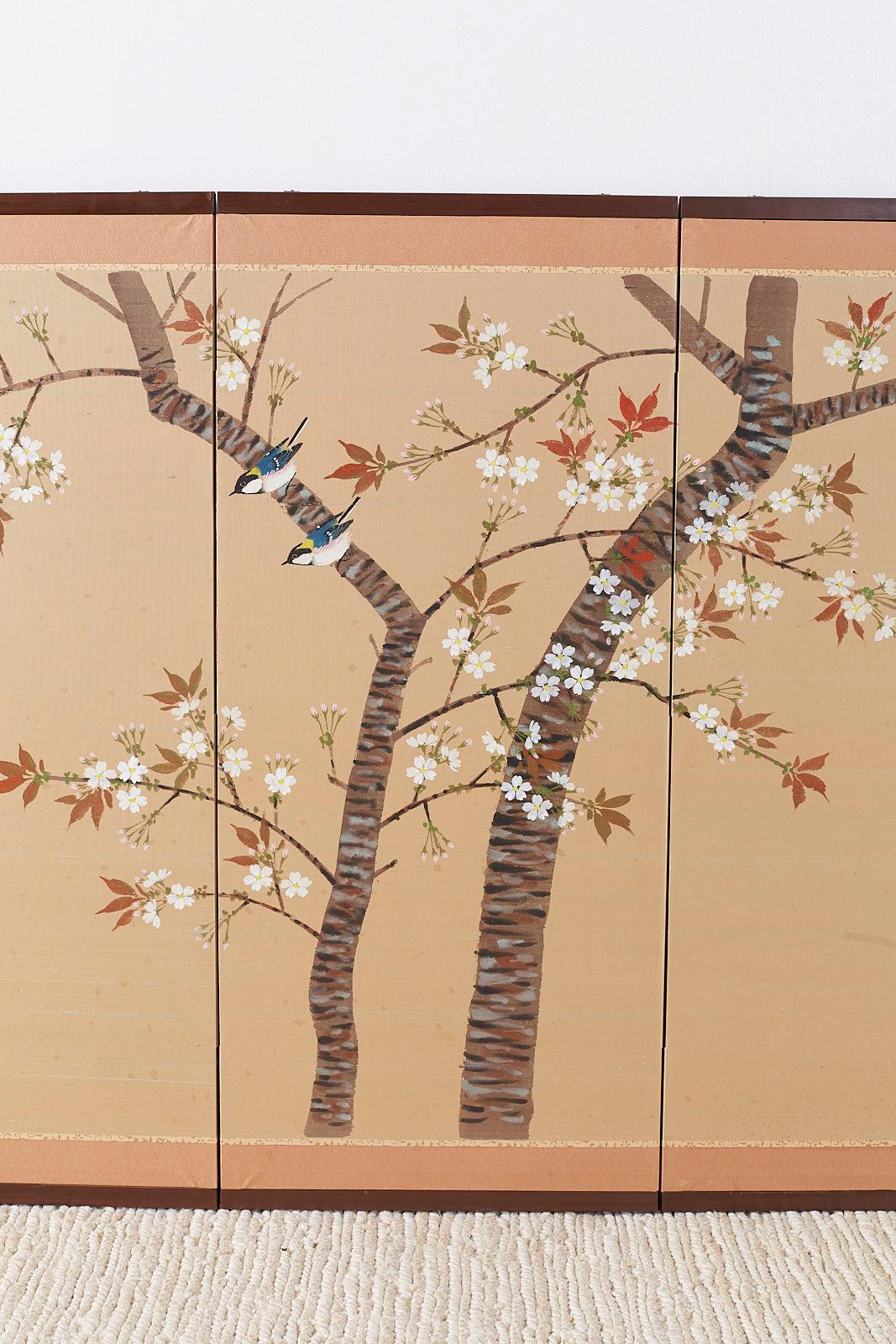Hand-Crafted Japanese Four-Panel Screen Spring Cherry Blossom Tree