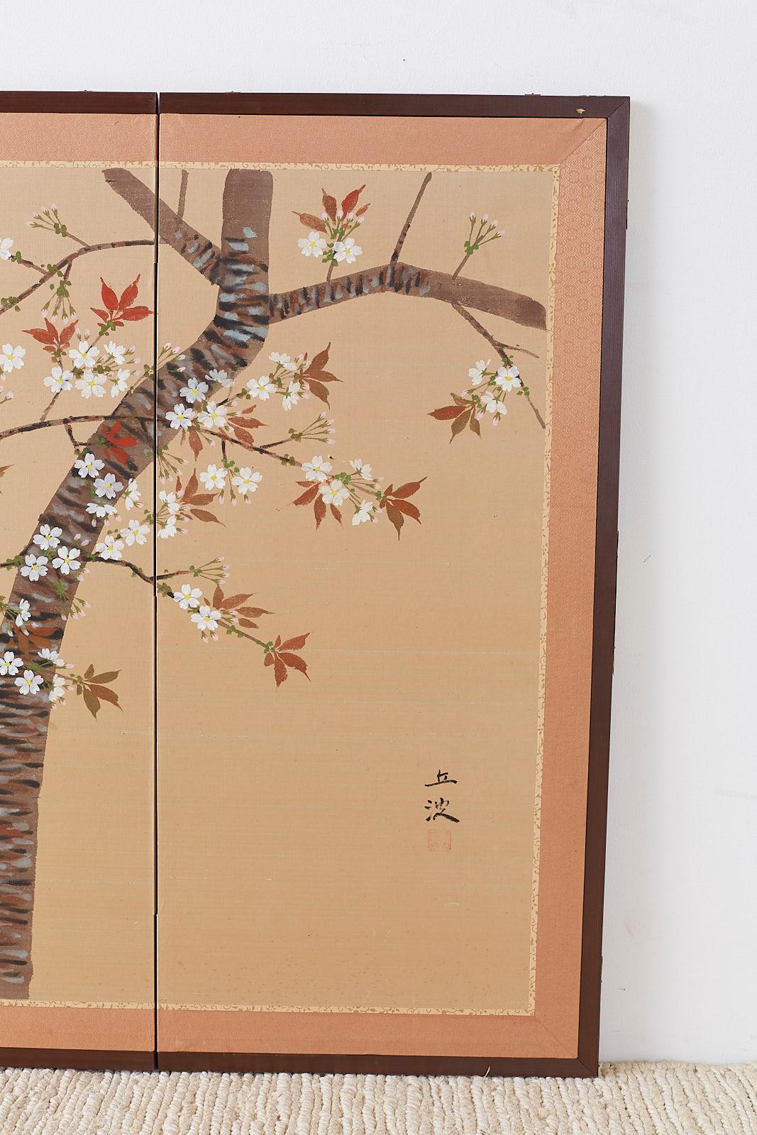 Japanese Four-Panel Screen Spring Cherry Blossom Tree In Good Condition In Rio Vista, CA